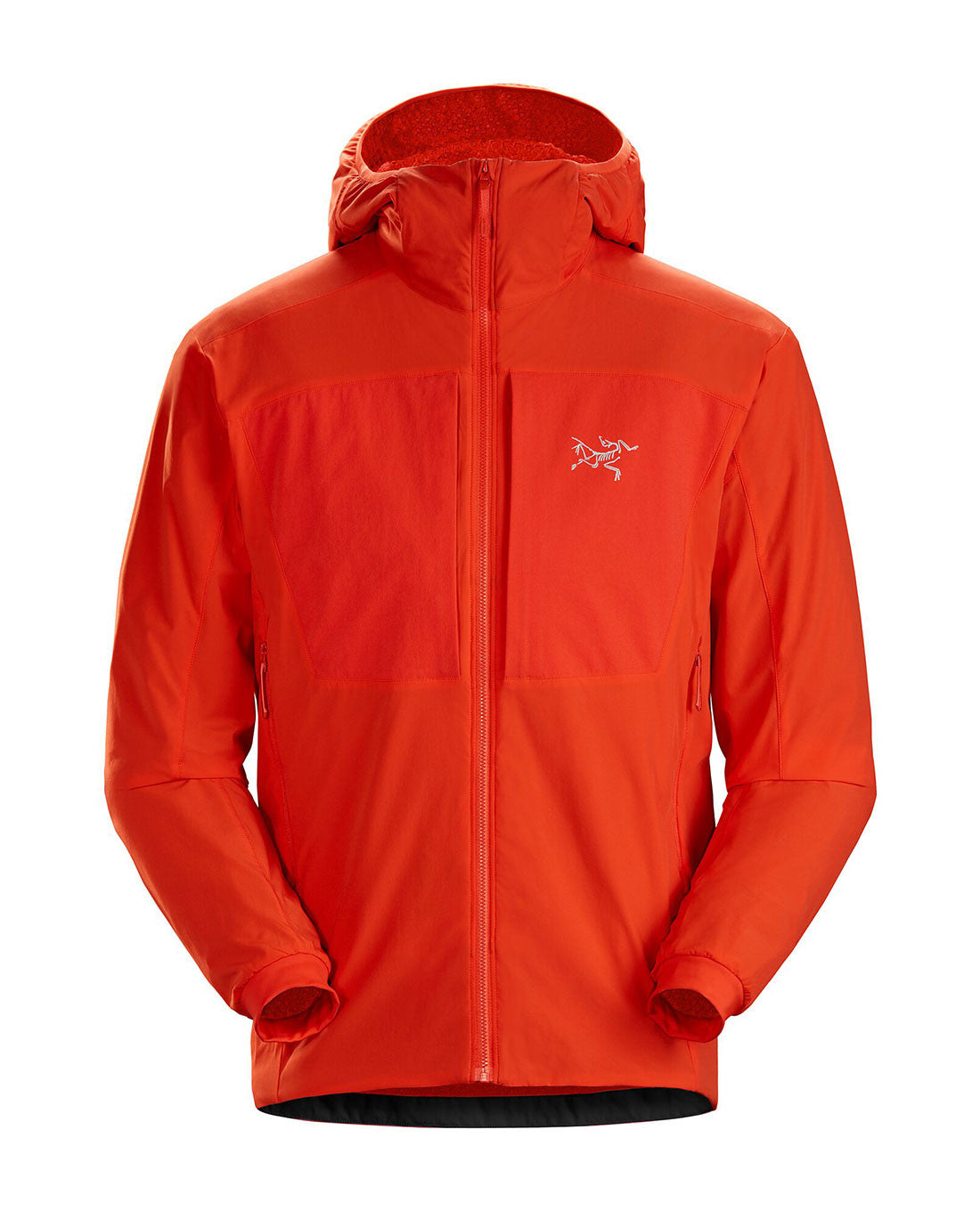Der ARC'TERYX PRO Arc'teryx Practitioner AR Hoody Men's - Dynasty ist ein leuchtend orangefarbener, taillierter Midlayer mit Frontreißverschluss, zwei Seitentaschen mit Reißverschluss, weißem Logo auf der linken Brustseite, langen Ärmeln, synthetischer Isolierung und atmungsaktivem Material.
