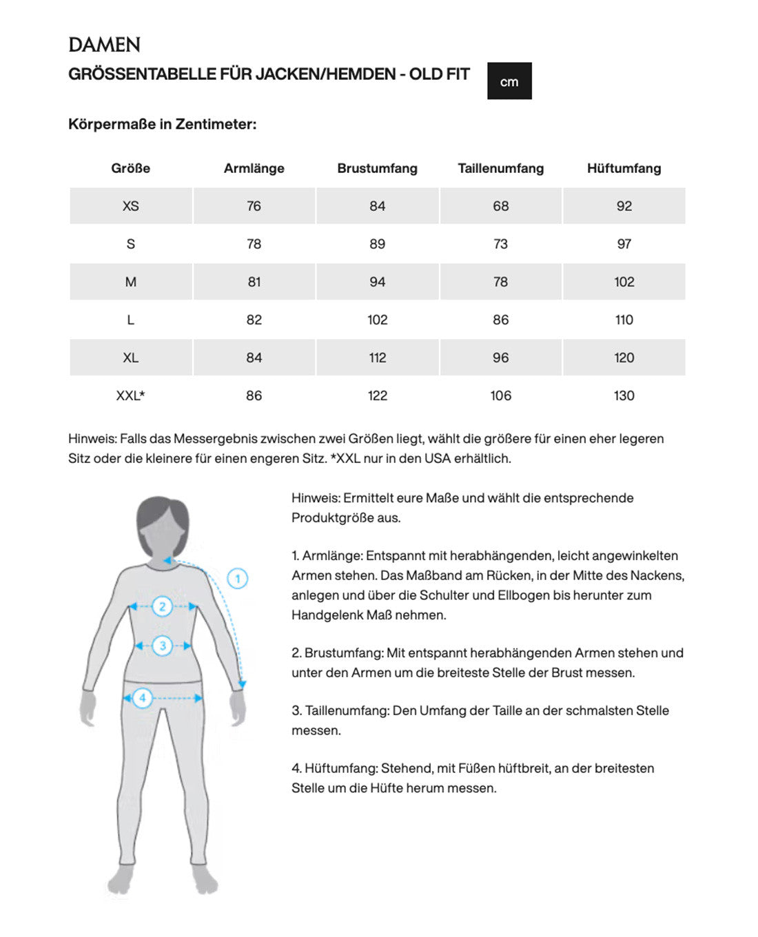 Größentabelle für den ARC'TERYX PRO Arc'teryx Practitioner AR Hoody Women's - Carbon Copy in den Größen XS-XXL mit Ärmel-, Brust-, Taillen- und Hüftumfang (cm), sowie ein Diagramm und eine Schritt-für-Schritt-Messanleitung in deutscher Sprache für diesen atmungsaktiven Midlayer.