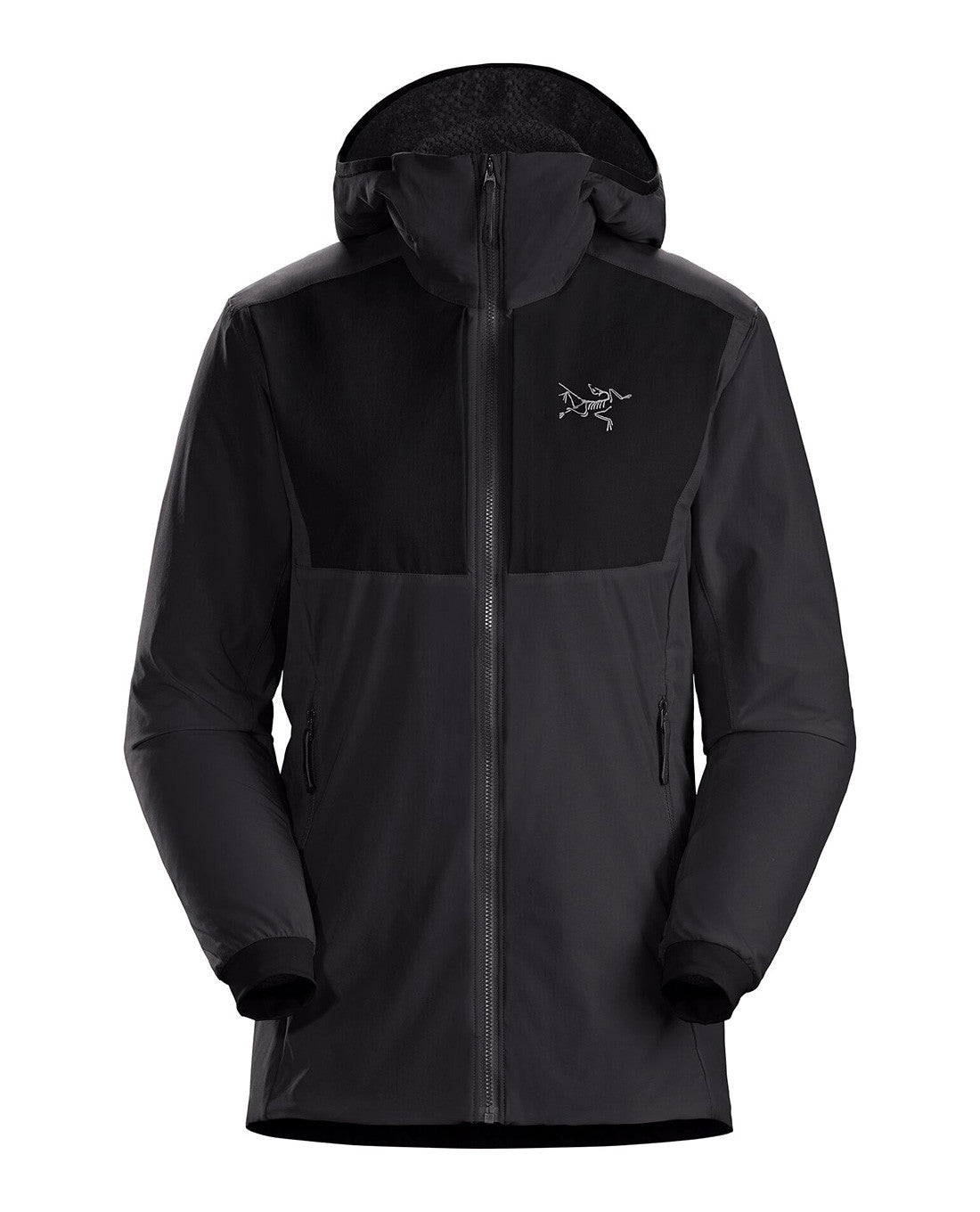 ARC'TERYX PRO Practitioner AR Hoody Women's - Carbon Copy: Zwei-Tonnen-Isolationsjacke mit Kapuze, durchgehendem Reißverschluss, seitlichen Zip-Taschen und ikonischem Vogel-Logo - ideal als atmungsaktive Zwischenjacke.