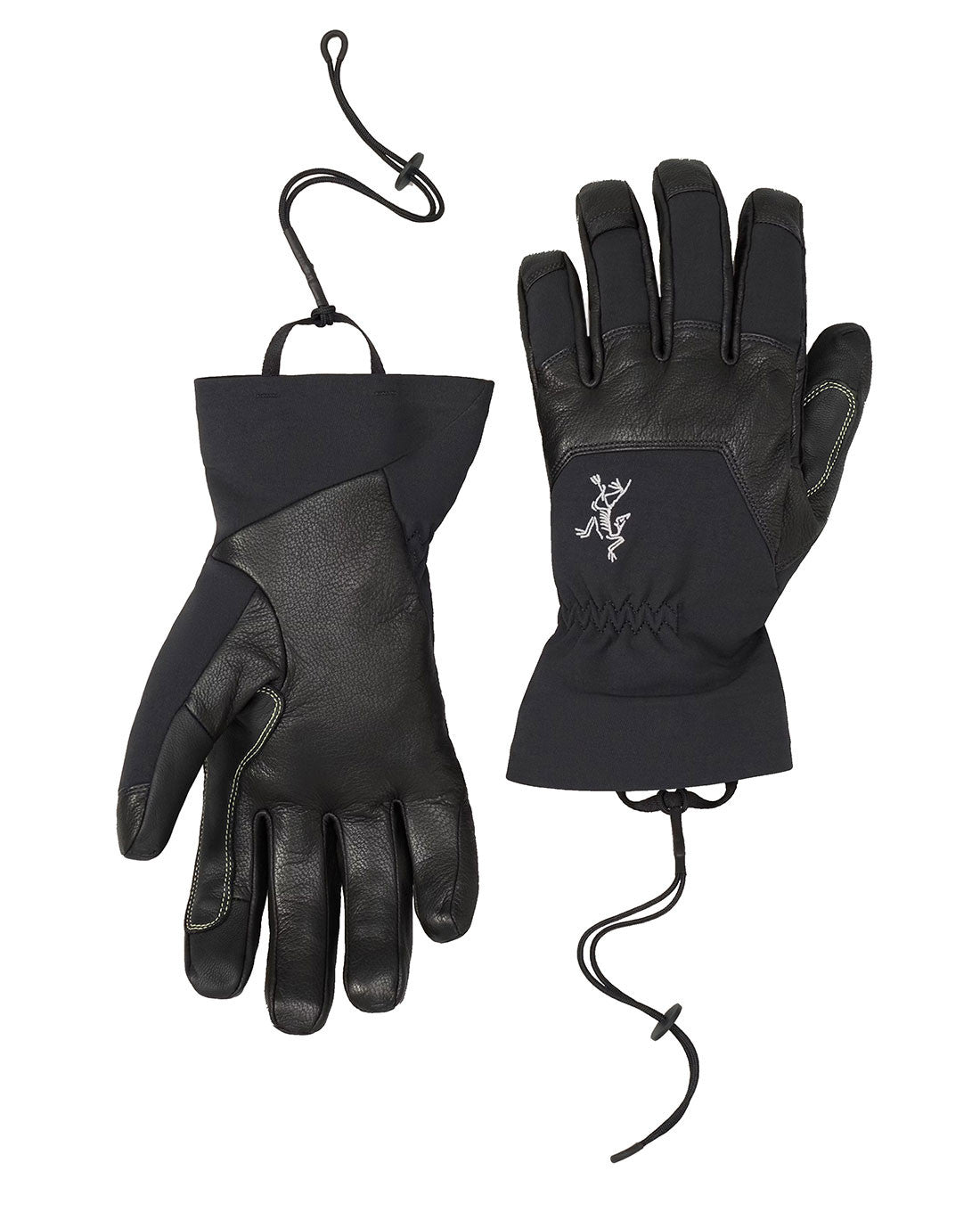 Der ARC'TERYX PRO Arc'teryx Rope Glove - Black ist mit Lederhandflächen, verstellbaren Handgelenkkordeln und einem gestickten Logo auf dem Handrücken ausgestattet. Die nebenstehende Abbildung zeigt sowohl die Handfläche als auch die Rückseite.