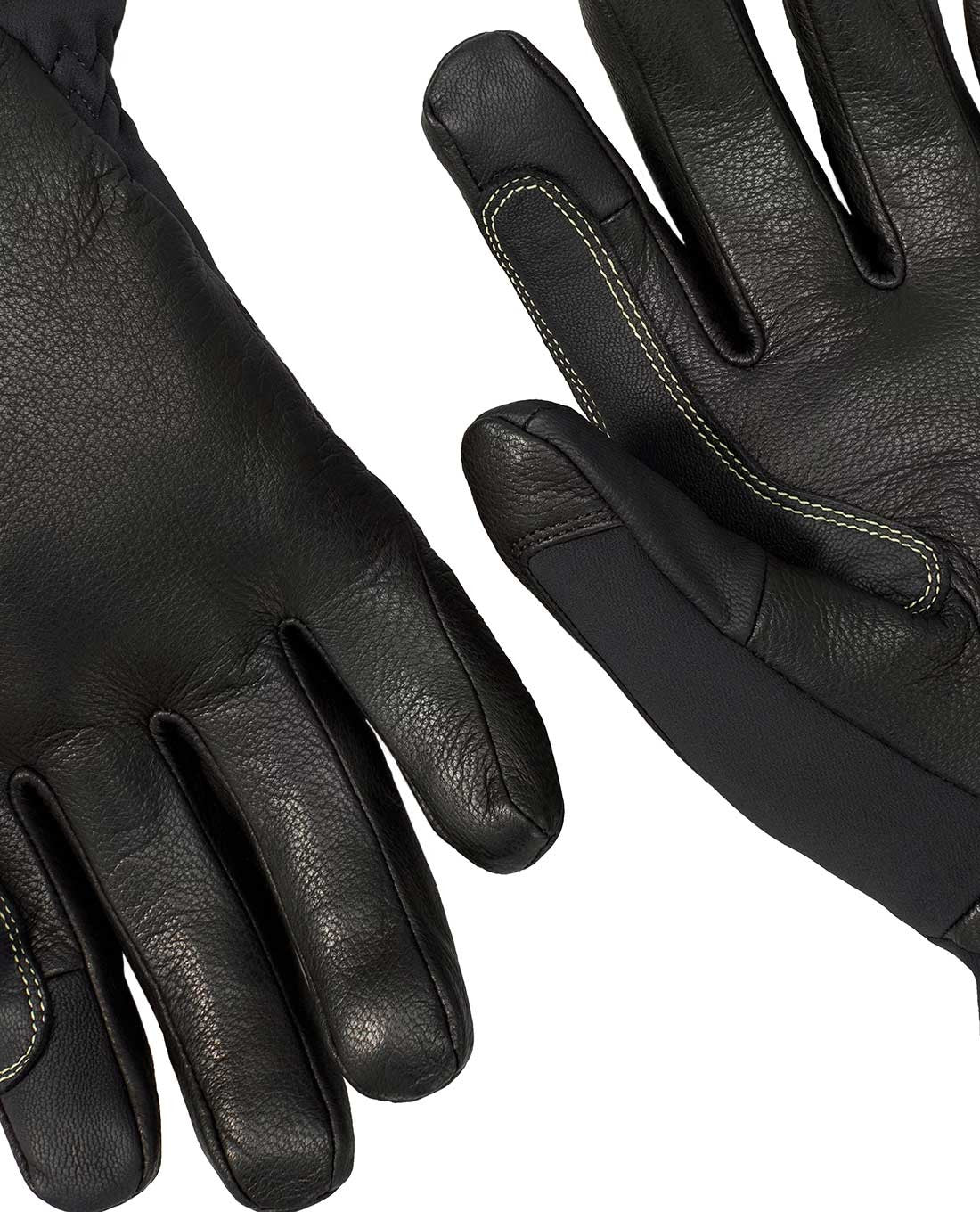 Eine Nahaufnahme von zwei schwarzen Arc'teryx Rope Gloves von ARC'TERYX PRO mit sichtbaren Nähten, die die Handfläche des einen Handschuhs und den Handrücken des anderen vor einem weißen Hintergrund zeigen.