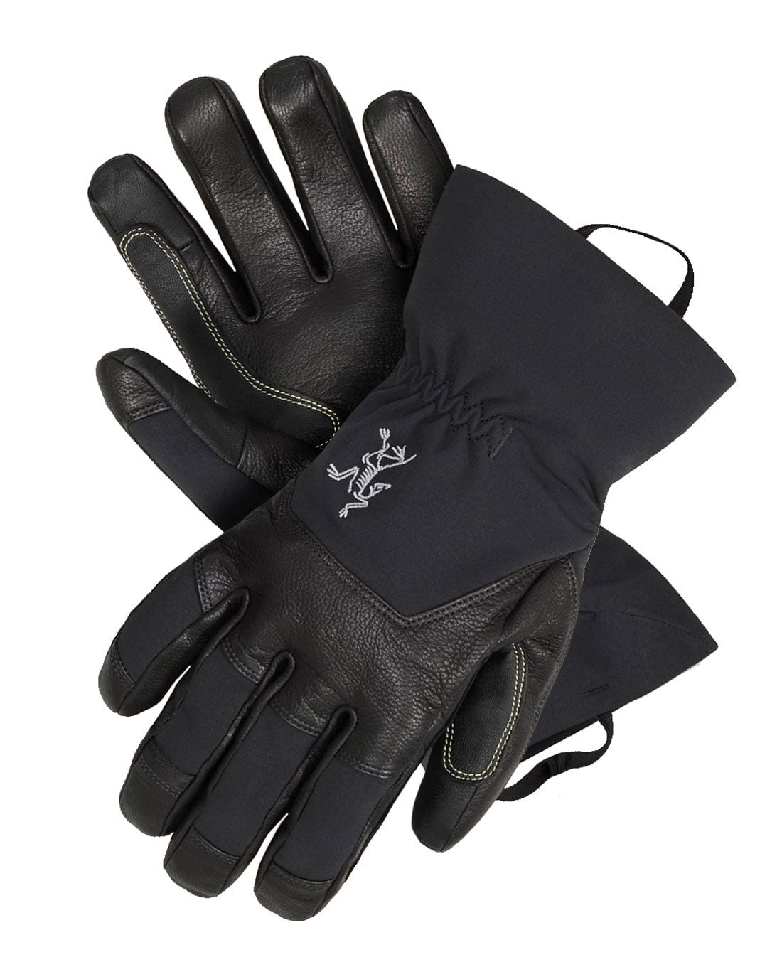 Der ARC'TERYX PRO Arc'teryx Rope Glove - Black hat Handflächen und Finger aus Leder, gelbe Nähte, ein gesticktes Logo am Handgelenk und verlängerte Bündchen mit Zuglaschen.