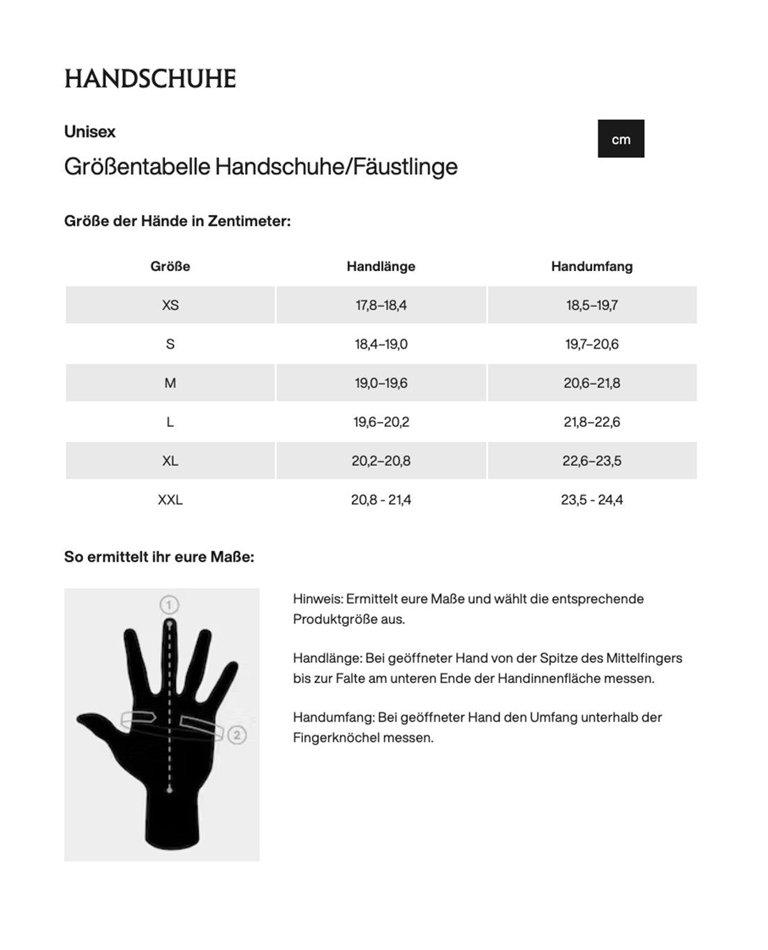Die deutsche Größentabelle für ARC'TERYX PRO Arc'teryx Rope Glove - Black listet die Unisex-Größen XS-XXL in Zentimetern auf. Eine illustrierte Hand zeigt, wie Länge und Breite zu messen sind, mit schriftlichen Anweisungen darunter.