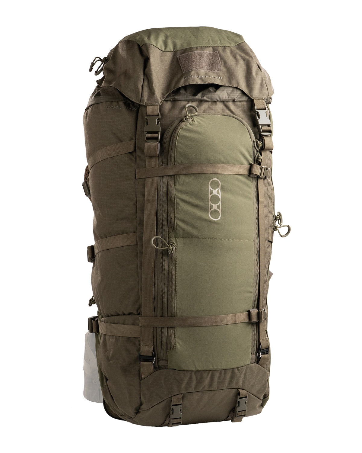 Der EBERLESTOCK Brooks 7000 - Military Green ist ein großer, modularer Wanderrucksack mit mehreren Riemen, Schnallen und Reißverschlussfächern, ideal für Trekkingabenteuer und das Tragen schwerer Lasten.