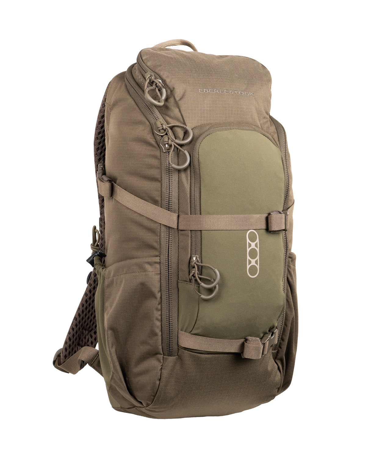 Der EBERLESTOCK Eberlestock Brute Scout, aufrecht auf weißem Hintergrund abgebildet, verfügt über ein khaki- und olivgrünes Design mit mehreren Fächern, Reißverschlüssen, seitlichen Netztaschen und verstellbaren Gurten.