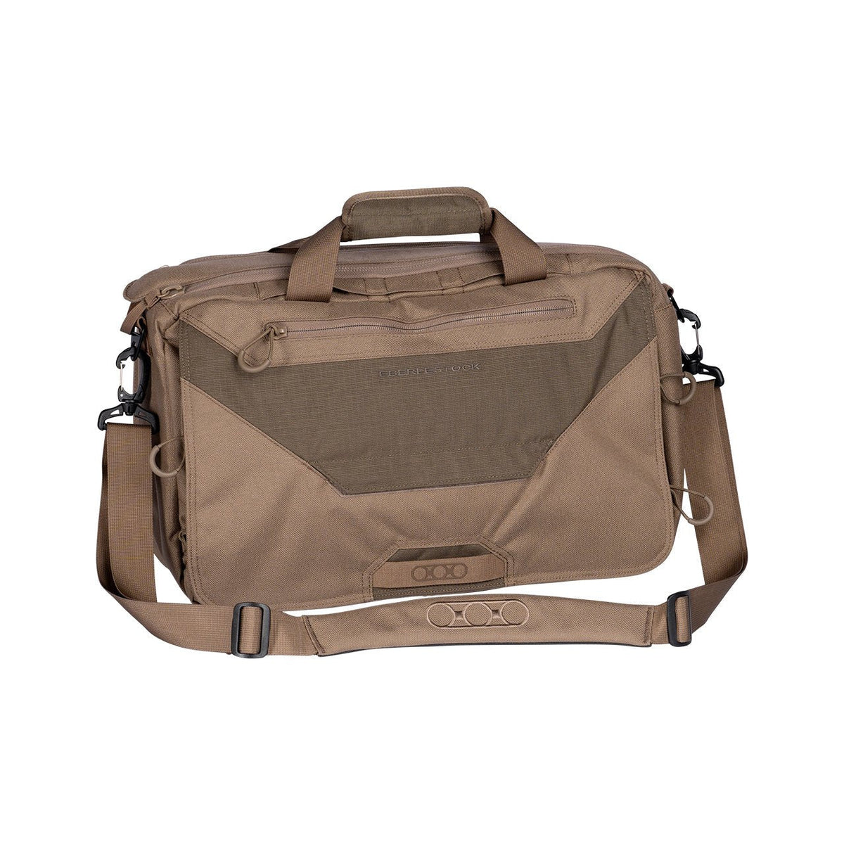 Die EBERLESTOCK Executive Brief ist eine hellbraune Kuriertasche aus strapazierfähigem 500D Cordura mit mehreren Reißverschlussfächern, einem Griff an der Oberseite und einem verstellbaren Schultergurt, abgebildet auf einem weißen Hintergrund.
