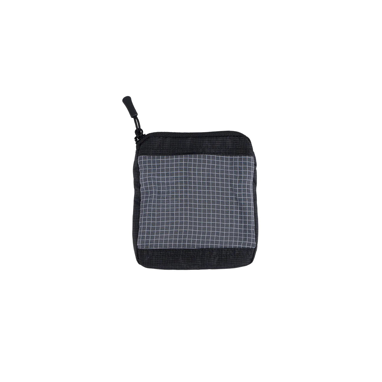 Die EBERLESTOCK Fade View Pouch Small ist eine schwarze Tasche mit einer grauen, weiß gerasterten Vorderseite aus transluzentem Ripstop-Nylon zur Organisation der Ausrüstung, dargestellt auf weißem Hintergrund.