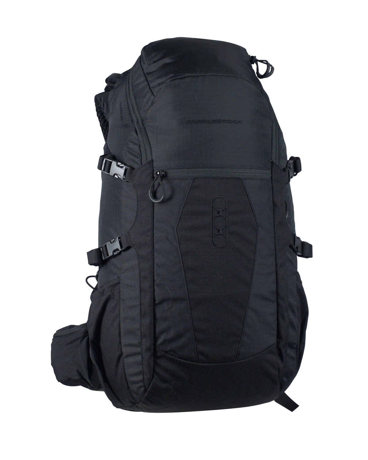 Der große, schwarze EBERLESTOCK FreeFall 2000 Pack Wanderrucksack mit mehreren Fächern und verstellbaren Trägern steht aufrecht auf einem schlichten weißen Hintergrund - ideal für Outdoor-Abenteuer.