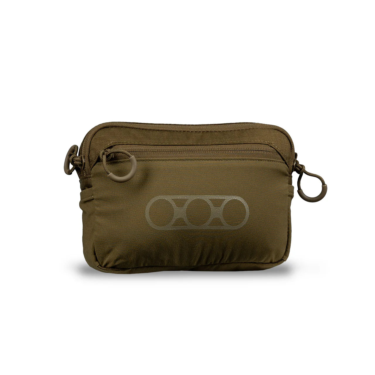 Die EBERLESTOCK General Purpose Pouch Large in Olivgrün hat eine Reißverschlusstasche auf der Vorderseite, zwei Seitenringe und ein hellgrünes geometrisches Logo auf der Vorderseite. Dieses MOLLE-Zubehörteil ist auf einem weißen Hintergrund abgebildet.