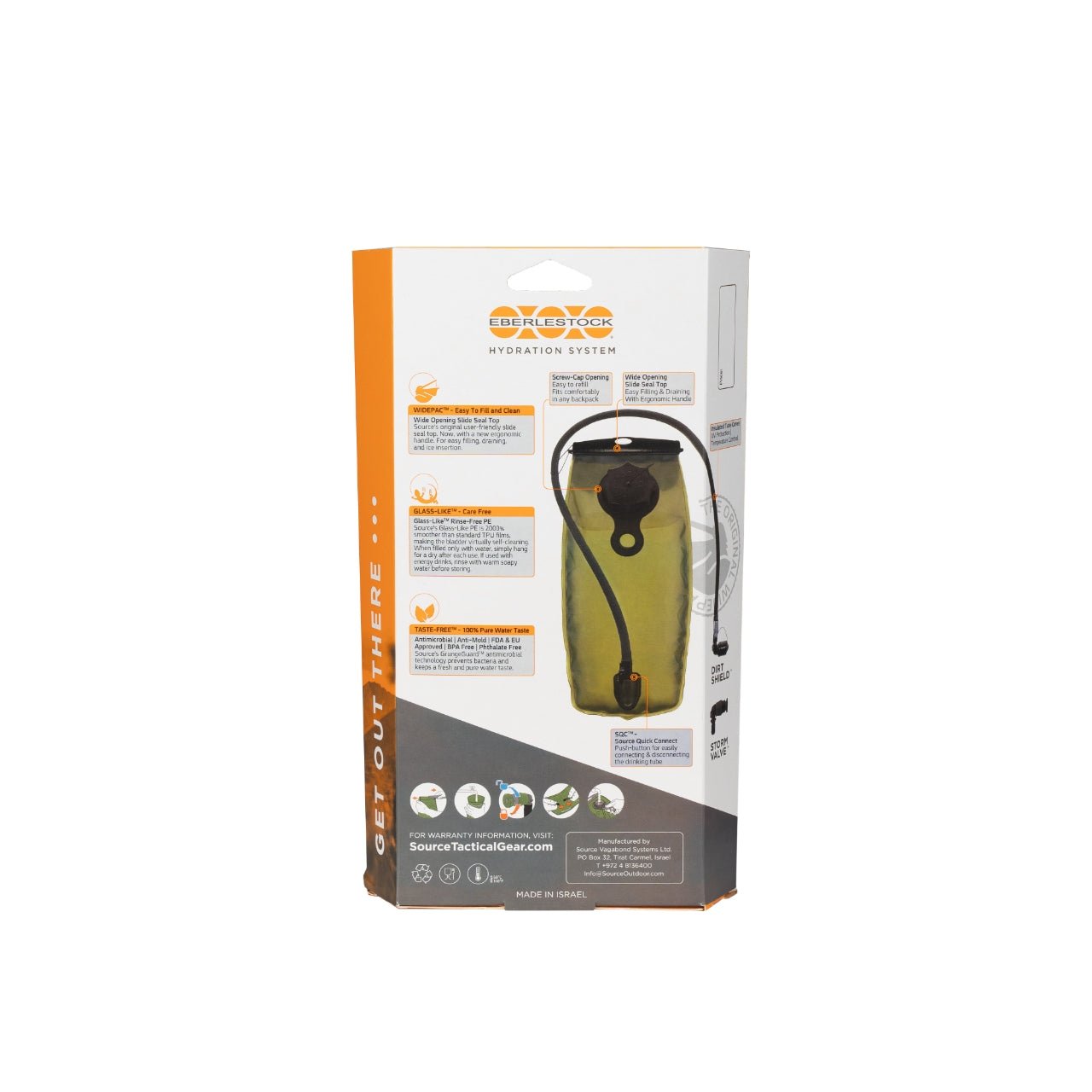 Rückansicht einer EBERLESTOCK Hydration System Bladder 2L-Verpackung mit Hervorhebung der Funktionen, Anweisungen und einem Bild des Reservoirs mit einem schwarzen Trinkschlauch. Die Verpackung hat weiße und orangefarbene Akzente.