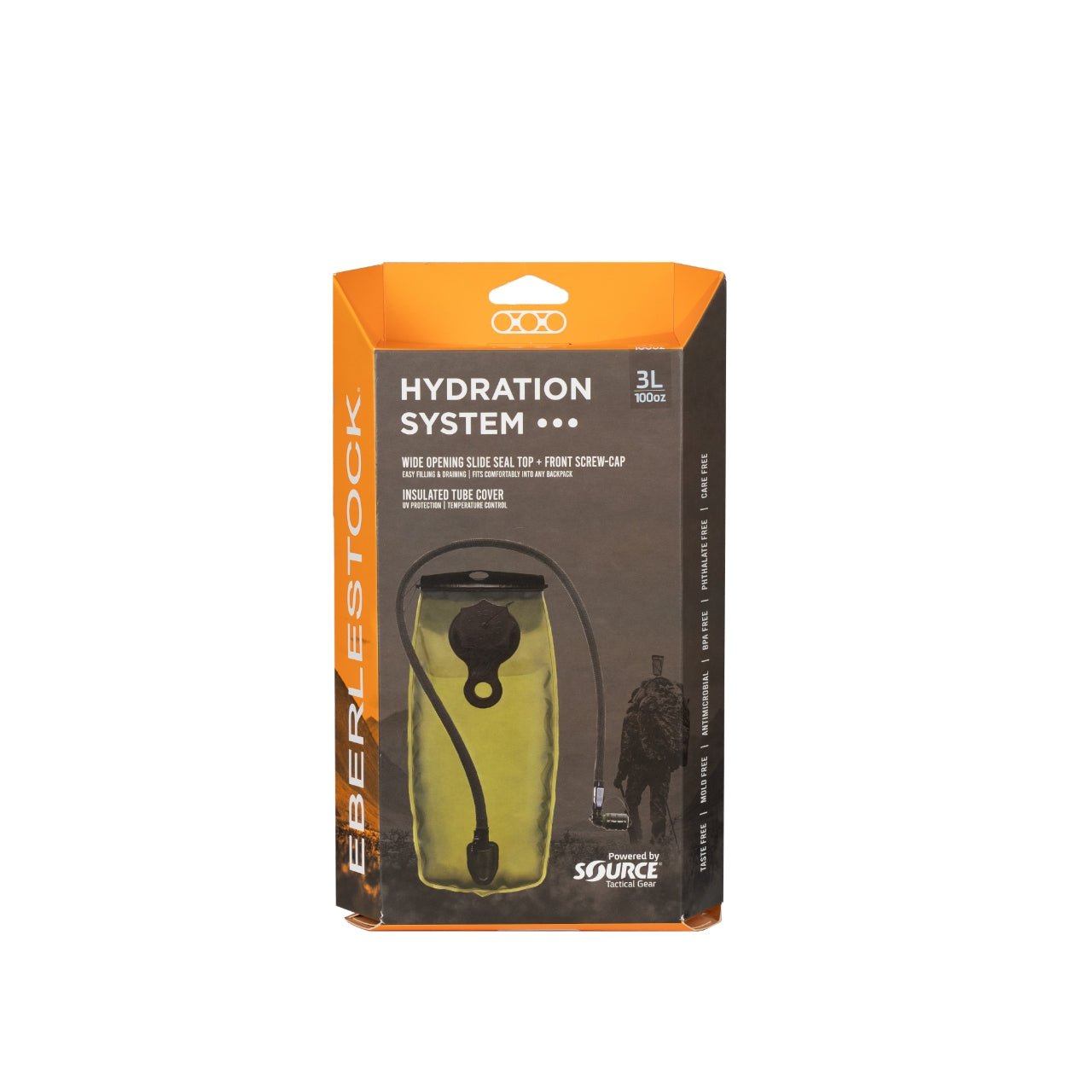 Die EBERLESTOCK Hydration System Bladder 3L verfügt über einen weit öffnenden Schiebeverschluss, einen Schraubverschluss an der Vorderseite, einen Schlauchdeckel und wird in einer Verpackung in Orange, Schwarz und Gelb geliefert - ideal für die zuverlässige Flüssigkeitsversorgung im Freien.