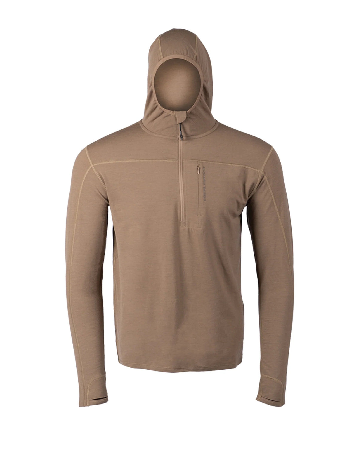 Der EBERLESTOCK Lochsa Zip Merino Hoody in Dark Earth ist ein langärmeliger Pullover mit halbem Reißverschluss auf der Vorderseite und einer Brusttasche mit Reißverschluss, der auf einer gesichtslosen Schaufensterpuppe vor weißem Hintergrund abgebildet ist.