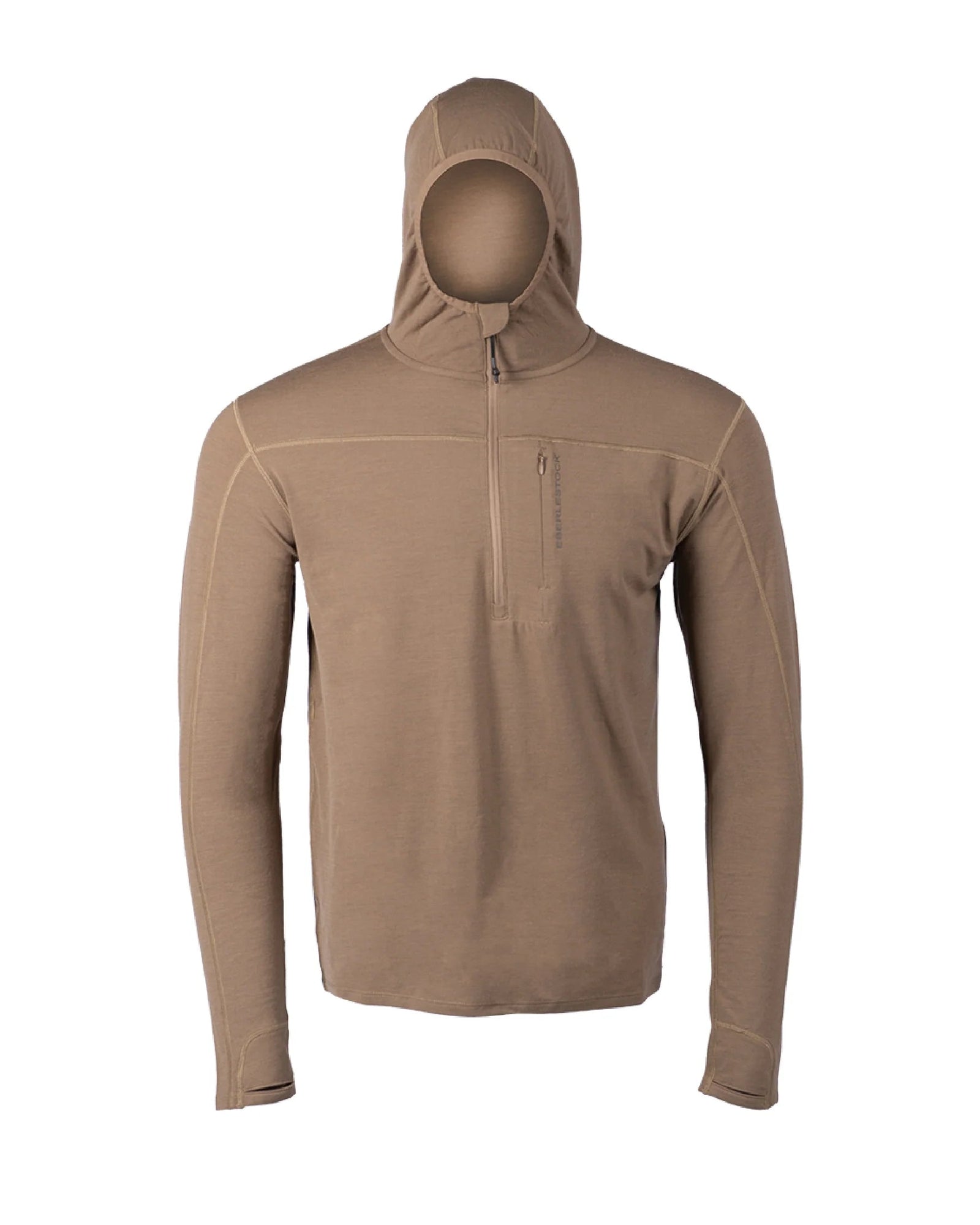 Ein EBERLESTOCK Lochsa Zip Merino Hoody in Dark Earth mit langen Ärmeln, halbem Reißverschluss und einer Brusttasche mit Reißverschluss, abgebildet an einer Schaufensterpuppe vor weißem Hintergrund.