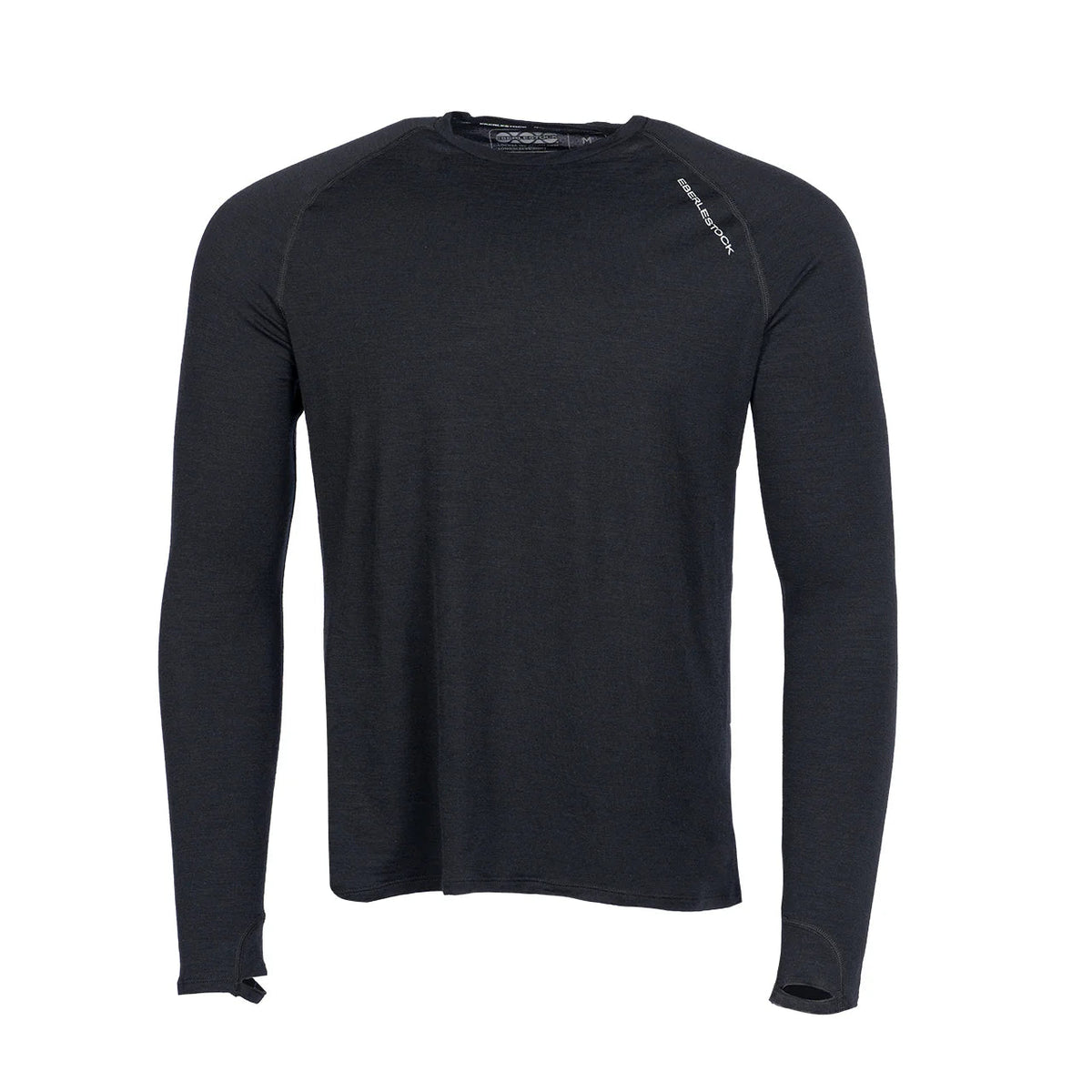 Das EBERLESTOCK Lochsa Merino Long Sleeve - Black ist ein Baselayer mit Rundhalsausschnitt, Daumenlöchern und einem kleinen Logo auf der linken Schulter, das auf weißem Hintergrund abgebildet ist.