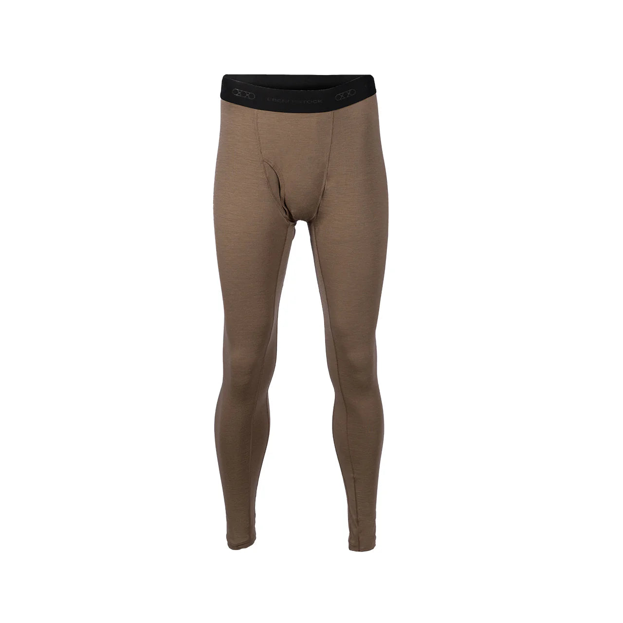 Die EBERLESTOCK Lochsa Merino Pant in Dark Earth ist eine durchgehende, atmungsaktive Merino-Baselayer-Hose mit schwarzem, elastischem Bund auf weißem Grund.