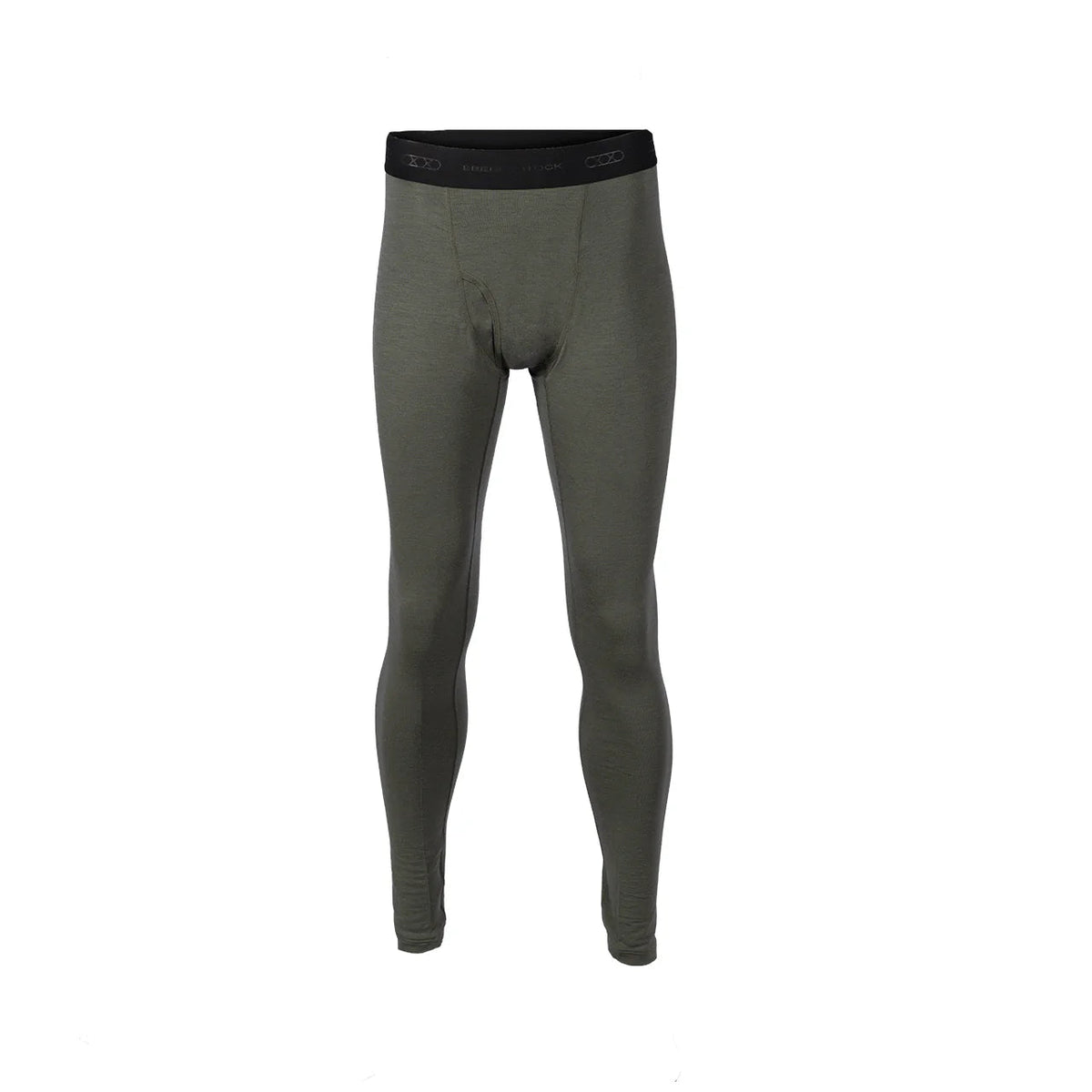 Die EBERLESTOCK Lochsa Merino Pant in Loden ist eine durchgehende, figurbetonte Herren-Thermo-Leggings mit schwarzem, elastischem Bund, die sich ideal als Lagenhose eignet und für hohen Tragekomfort sorgt, hier auf weißem Grund.