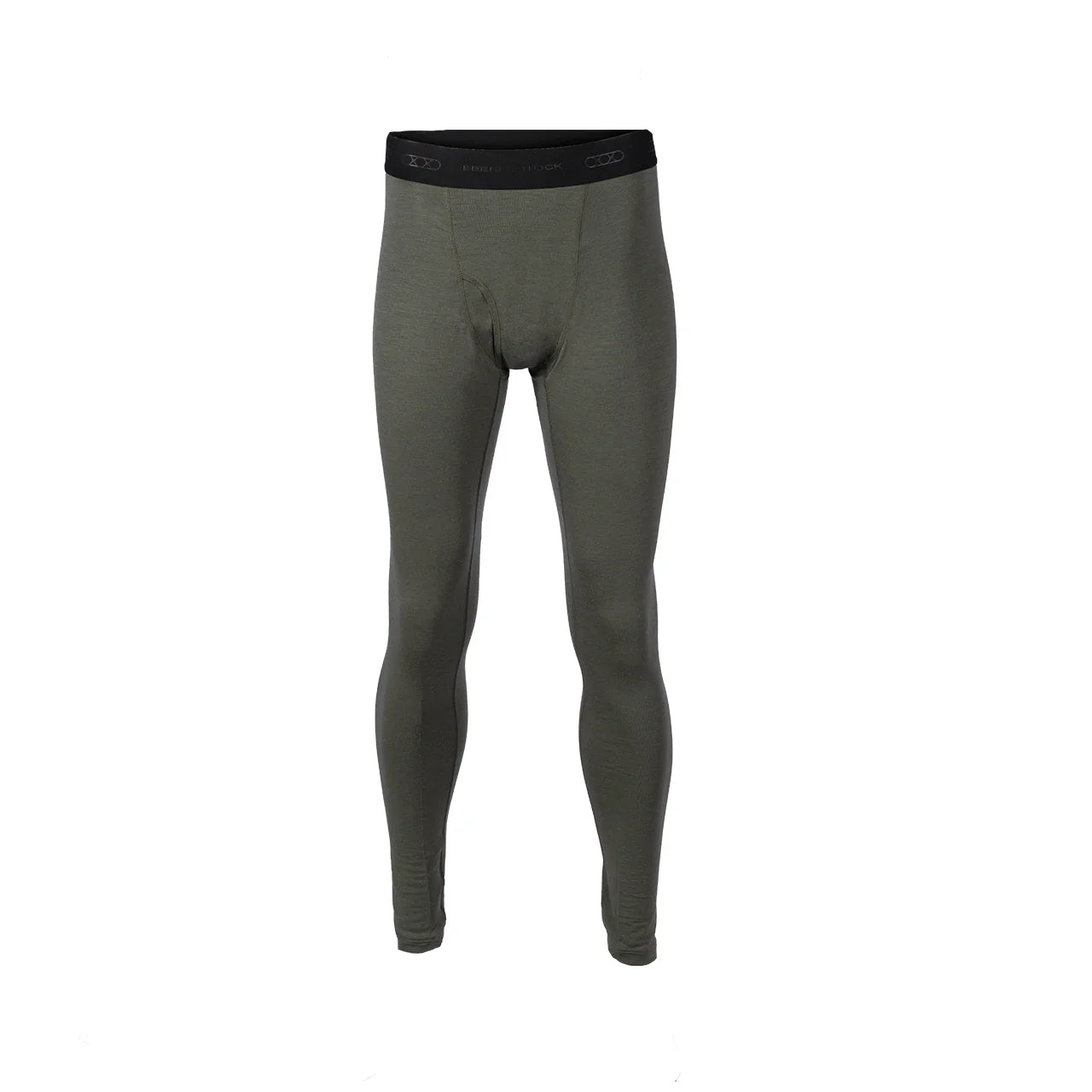 Die EBERLESTOCK Lochsa Merino Pant in Loden ist eine olivgrüne Thermo-Leggings für Herren aus weicher Merinowolle mit schwarzem Elastikbund und tailliertem, logofreiem Design - perfekt als warmer und bequemer Baselayer.