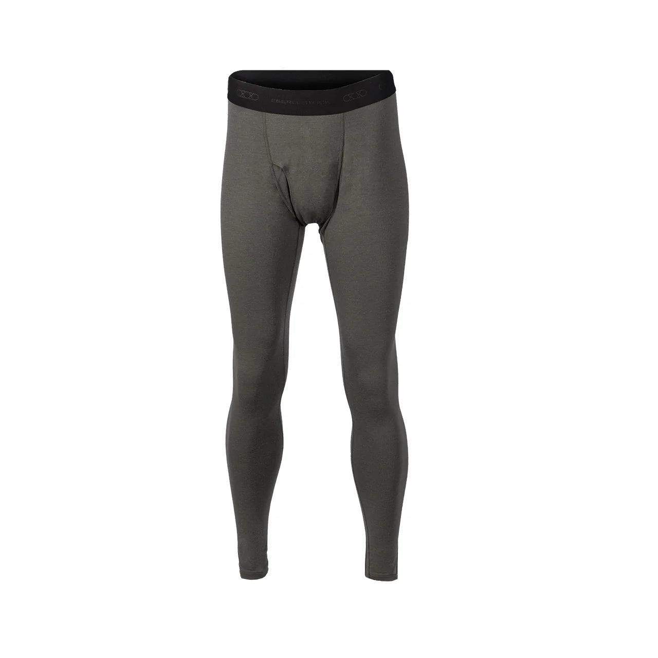 Die EBERLESTOCK Lochsa Merino Pant in Slate ist eine durchgehende Thermounterwäsche für Herren aus Merinowolle. Sie hat eine körpernahe Passform und ein dezentes Branding auf dem schwarzen, elastischen Bund, der sich von einem weißen Hintergrund abhebt.