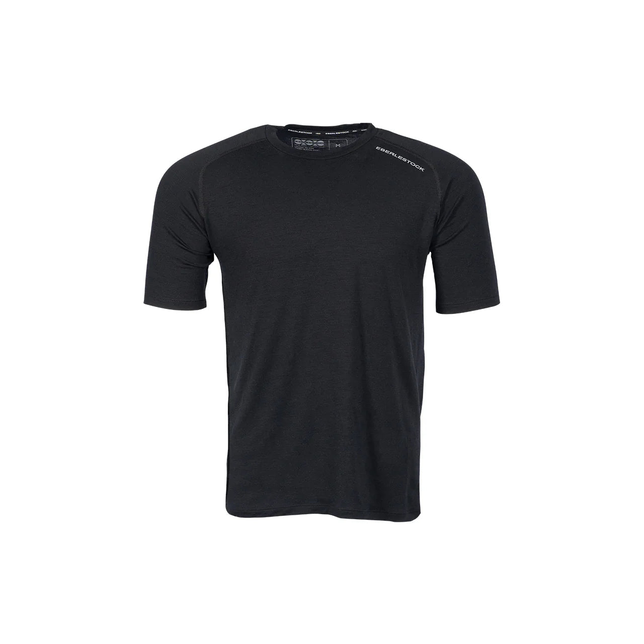 Das EBERLESTOCK Lochsa Merino Short Sleeve in Schwarz ist ein sportliches T-Shirt mit Rundhalsausschnitt und dezentem Logo auf der linken Schulter, abgebildet auf weißem Hintergrund.