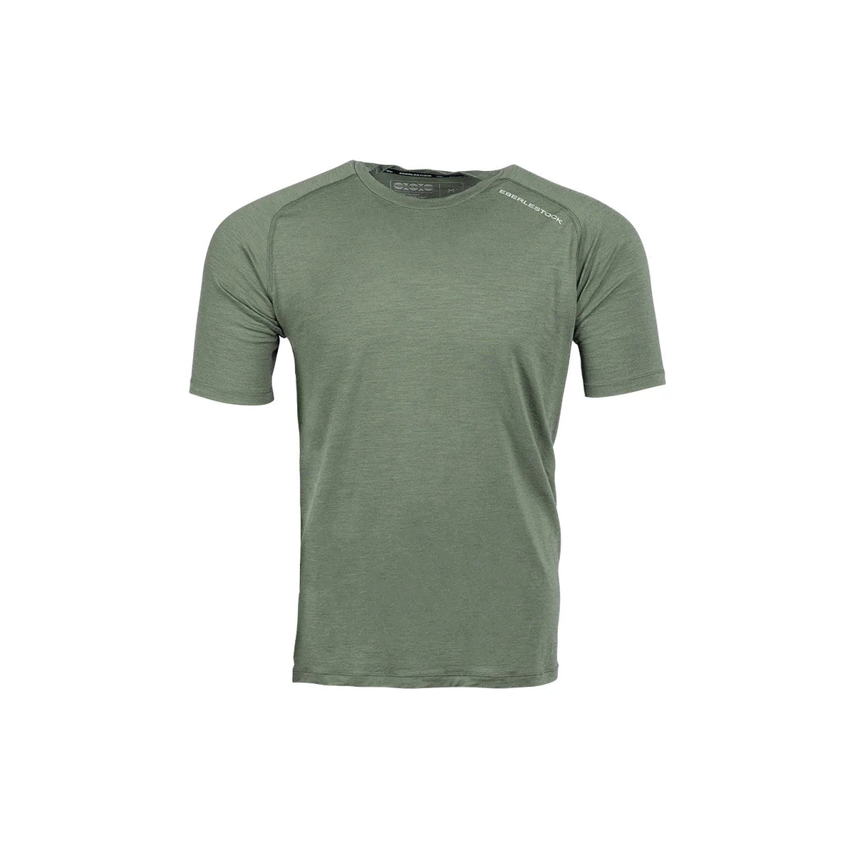 Das EBERLESTOCK Lochsa Merino Short Sleeve in Loden ist auf weißem Grund abgebildet, hat einen Rundhalsausschnitt und ein kleines Logo auf der linken Schulter.