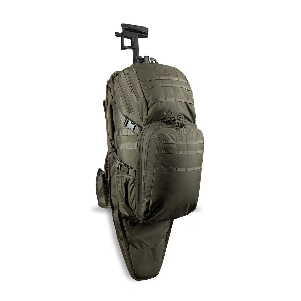 Der EBERLESTOCK Lodrag II V2 in Military Green ist ein geräumiger taktischer Rucksack mit mehreren Fächern, Riemen, MOLLE-Gewebe, einem verlängerten Griff, einem Rollgestell für einfachen Transport und einer Gewehraufnahme.