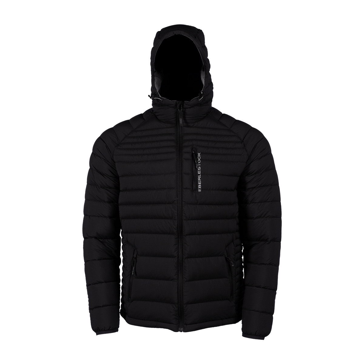 Der EBERLESTOCK McCall Down Hoody in Schwarz verfügt über eine Kapuze, einen Frontreißverschluss, horizontale Steppungen, Reißverschlusstaschen und ein vertikales Logo auf der linken Brustseite. Abgebildet auf weißem Hintergrund - ideal als Outdoor-Jacke.