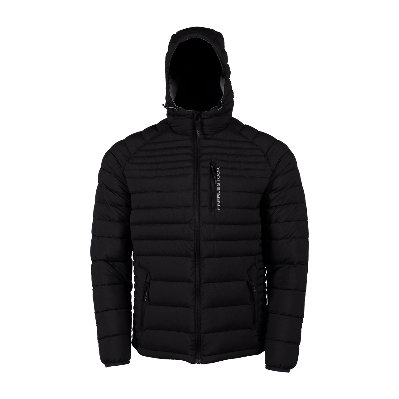 Der EBERLESTOCK McCall Down Hoody in Schwarz verfügt über eine Kapuze, einen Frontreißverschluss, horizontale Steppungen, Reißverschlusstaschen und ein vertikales Logo auf der linken Brustseite. Abgebildet auf weißem Hintergrund - ideal als Outdoor-Jacke.