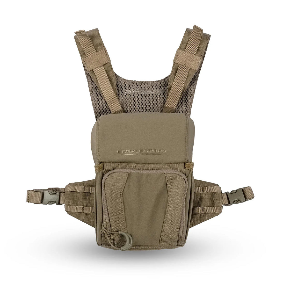 Der EBERLESTOCK Recon Modular Bino Pack Large ist ein brauner Brustbeutel mit verstellbaren Schultergurten, Netzrücken und mehreren Reißverschlussfächern, in denen Sie Ihre Ausrüstung freihändig tragen können.