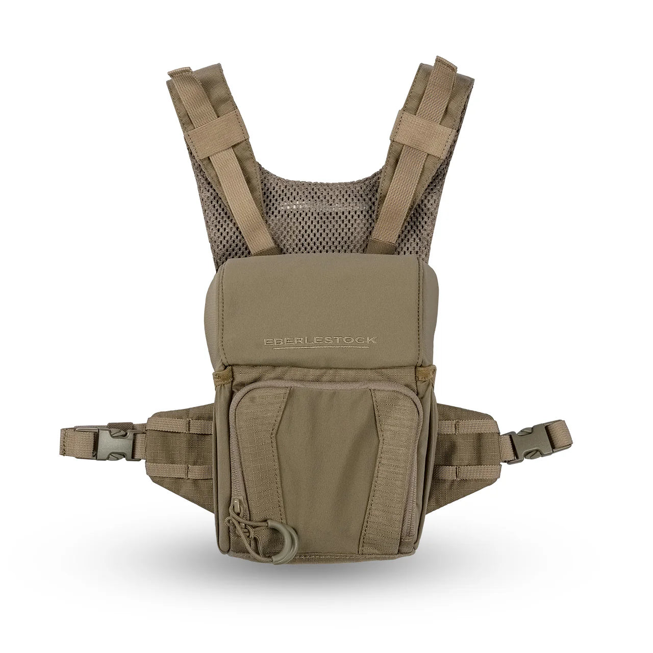 Das EBERLESTOCK Recon Modular Bino Pack Small ist ein hellbraunes, taktisches Brustgeschirr mit Mesh-Schultergurten, mehrfach verstellbaren Schnallen und Reißverschlusstaschen auf der Vorderseite - ideal, um die Ausrüstung freihändig zu tragen.