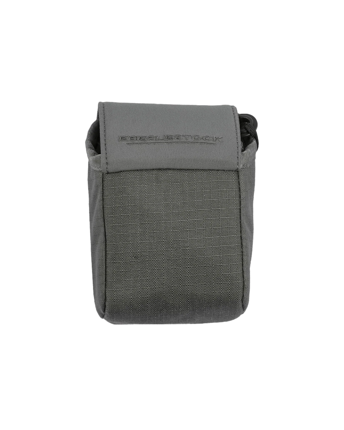 Die EBERLESTOCK Recon Rangefinder Pouch ist eine kleine, graue, rechteckige Tasche aus strapazierfähigem Stoff mit genähten Details und einem Klappenverschluss, auf dem der Name eingeprägt ist - ideal für den Transport kleiner Gegenstände.