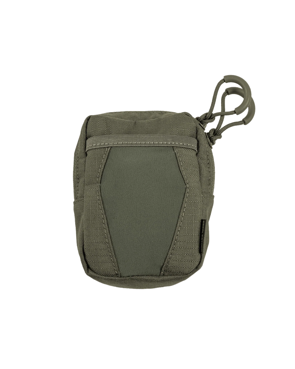 Die EBERLESTOCK Recon Utility Pouch ist eine kleine, olivgrüne, taktische Tasche mit Reißverschluss, Zugkordel, verstärkten Nähten, Front-Utility-Strap und MOLLE-Kompatibilität zur Verwendung mit dem Recon Modular Bino Harness, abgebildet auf weißem Hintergrund.