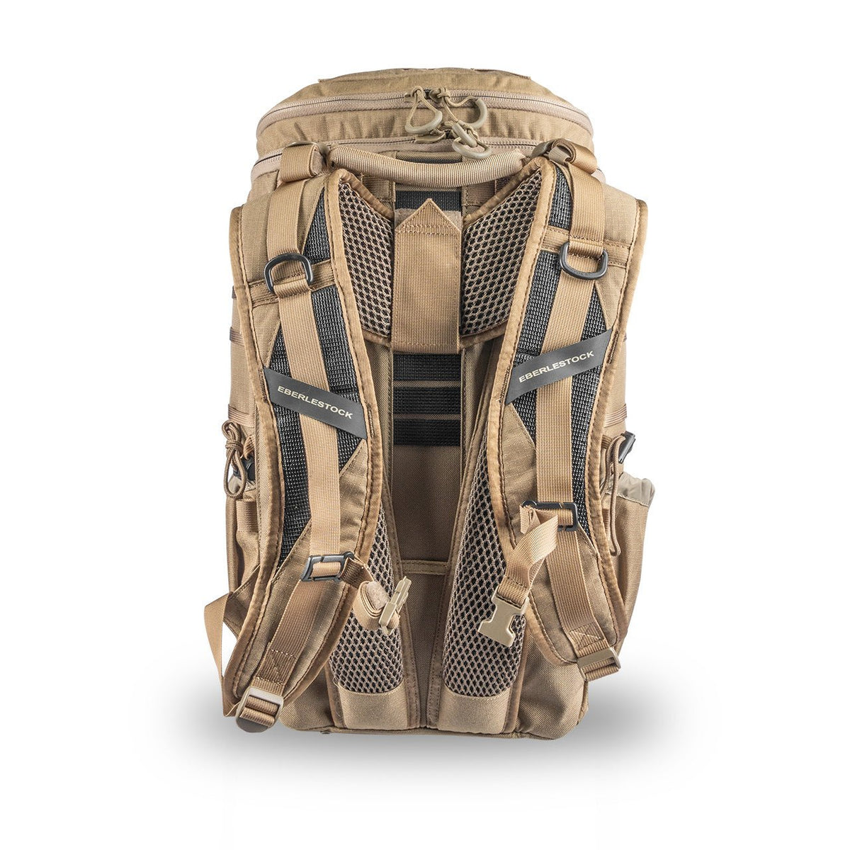 Der EBERLESTOCK Switchblade Pack ist ein taktischer Rucksack aus robustem 500D-Nylon mit gepolsterten, belüfteten Schultergurten, mehreren Verstellmöglichkeiten und einem Netzrücken, der aufrecht auf weißem Grund abgebildet ist.