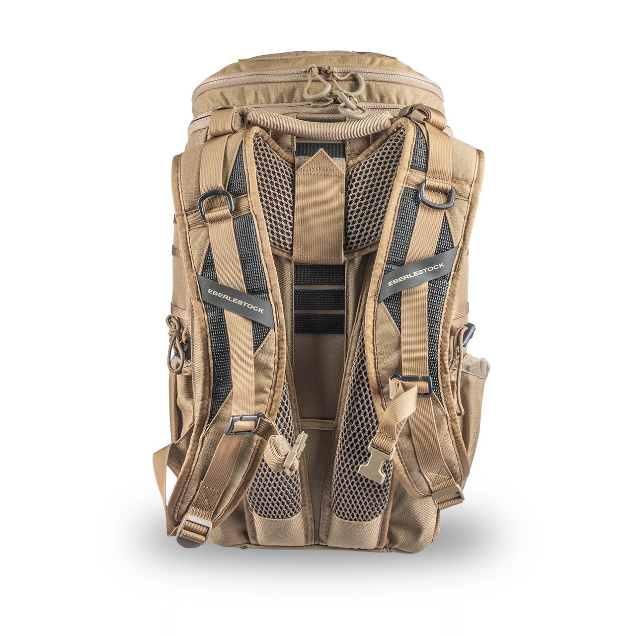 Der EBERLESTOCK Switchblade Pack ist ein taktischer Rucksack aus robustem 500D-Nylon mit gepolsterten, belüfteten Schultergurten, mehreren Verstellmöglichkeiten und einem Netzrücken, der aufrecht auf weißem Grund abgebildet ist.
