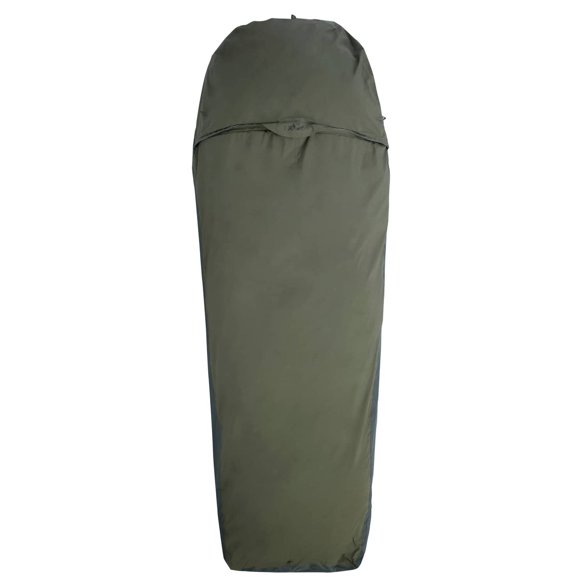 Der EXPED Biwaksack Bivybag 100% Ventair in olivgrün, im Mumienstil mit Kapuze, ist vertikal vor einem schlichten weißen Hintergrund abgebildet.