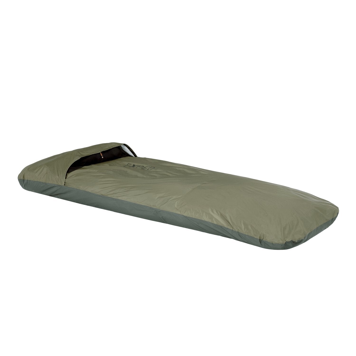 Ein EXPED Exped Biwaksack Bivybag Lite Ventair/PU, grün und rechteckig mit einem Kapuzenoberteil, ist flach auf einem weißen Hintergrund abgebildet.