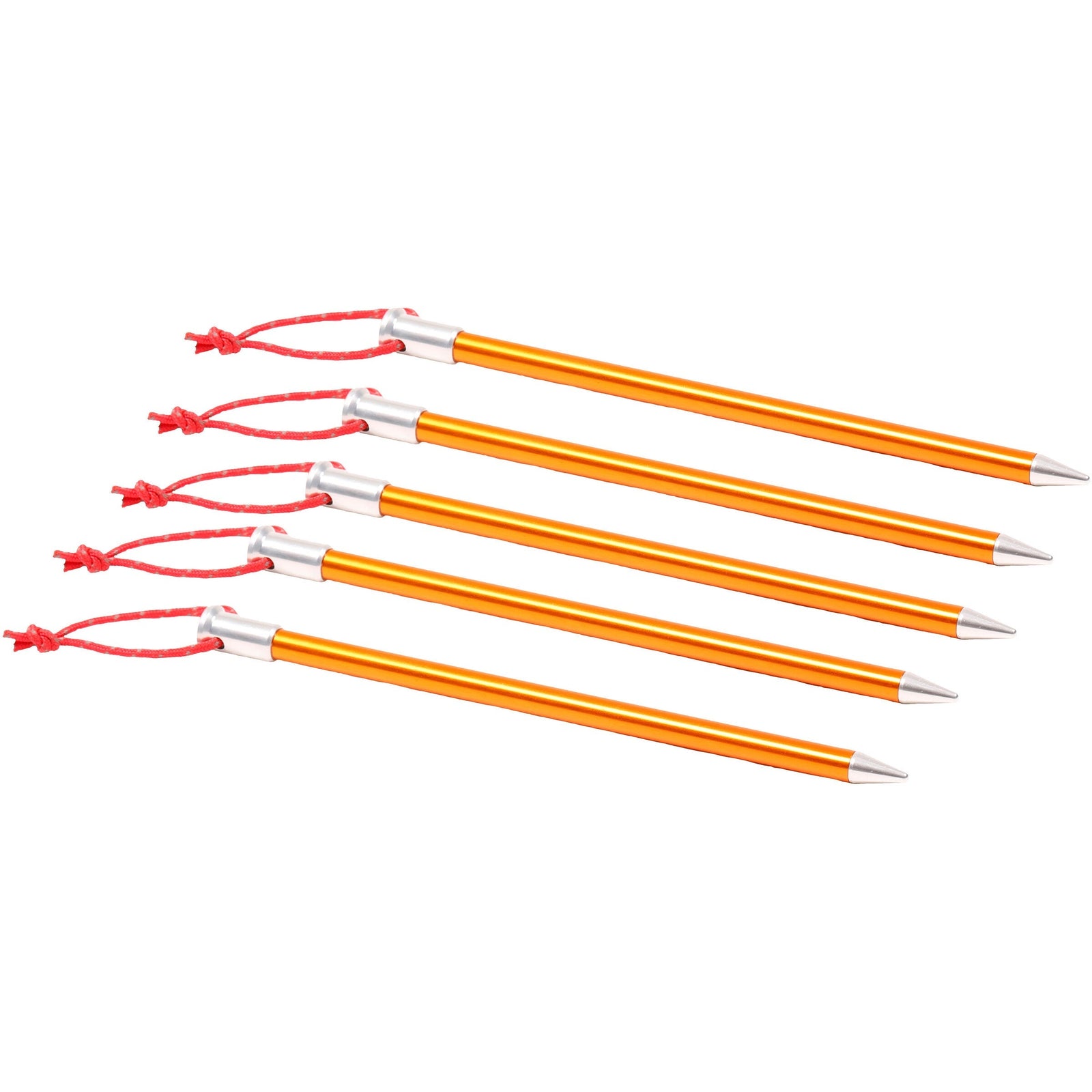 Fünf orangefarbene EXPED Hering TUBE PEG Aluminiumstifte, jeder mit einer spitzen silbernen Spitze und roter Kordel an einem Ende, sind diagonal auf weißem Hintergrund angeordnet.