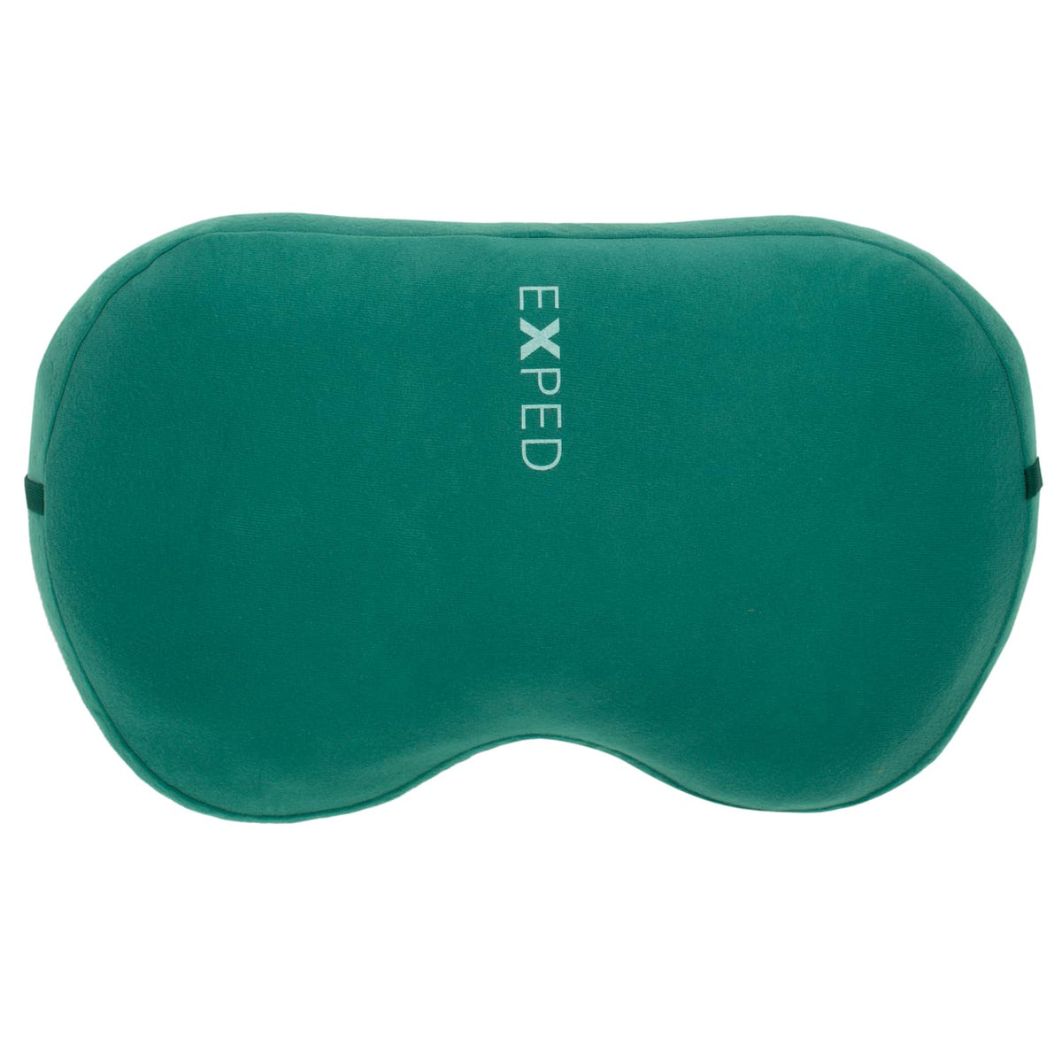 Eine grüne, konturierte Schlafmaske mit auffälligem weißen EXPED-Schriftzug - ideal zur Kombination mit dem EXPED Kissen Down Pillow L für erholsame Nächte im Freien.