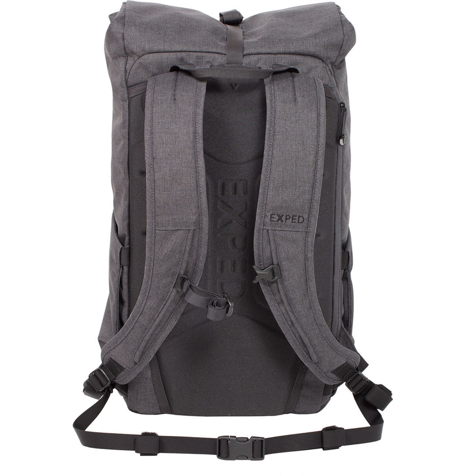 Der EXPED Rucksack Metro 30 in Grau ist von hinten abgebildet. Hervorzuheben sind die gepolsterten Schultergurte, der verstellbare Brustgurt, der Hüftgurt und der EXPED-Markenschriftzug auf dem Rückenteil und einem Gurt.