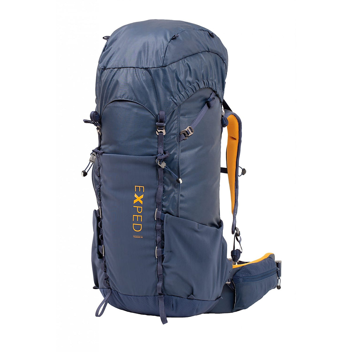 Der EXPED Thunder 50 ist ein großer, dunkelblauer Trekkingrucksack mit gelbem EXPED-Branding, Komfort-Tragesystem, verstellbaren Trägern, Seitentaschen und einem gepolsterten Hüftgurt - ideal für Mehrtagestouren. Abgebildet aufrecht auf weißem Hintergrund.