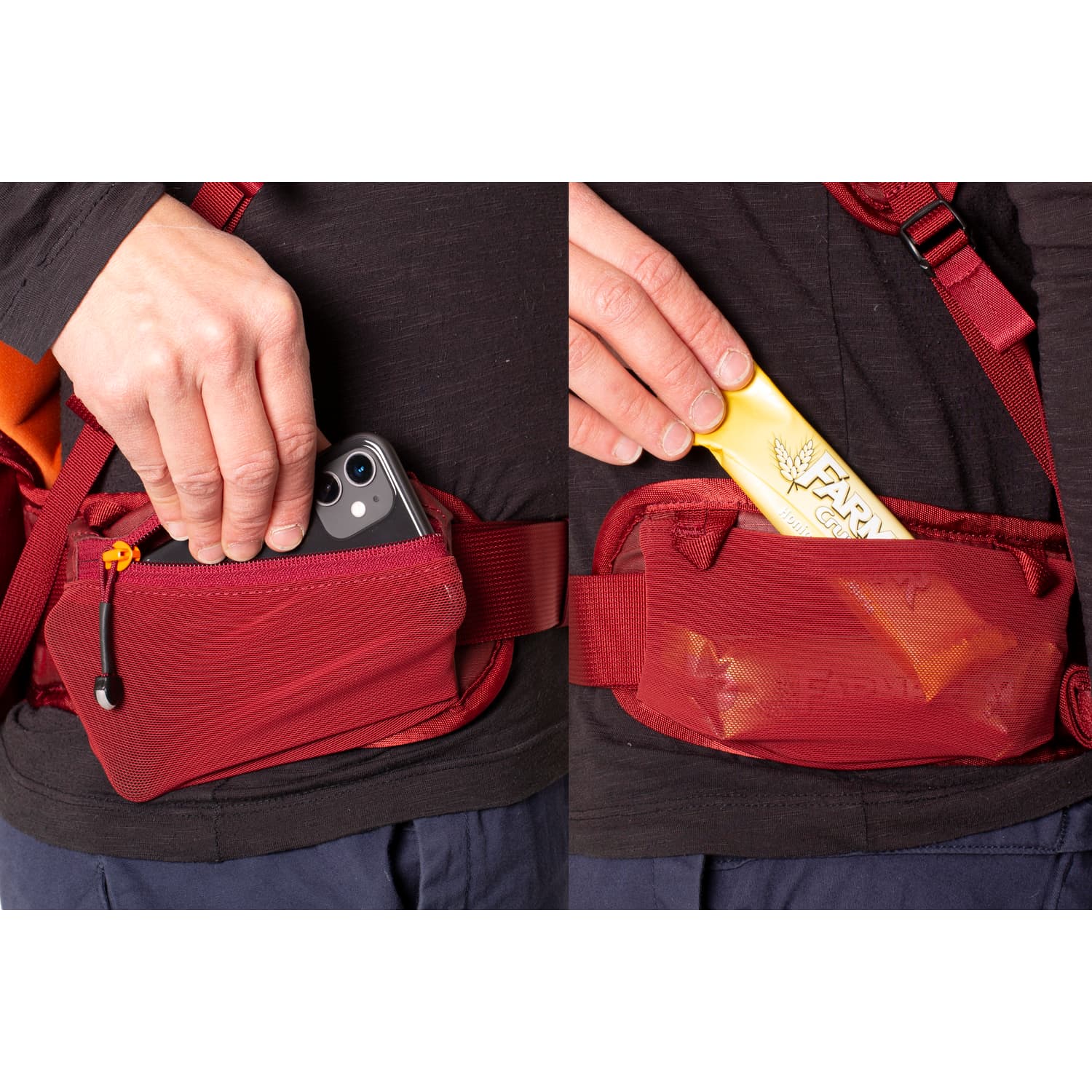 Nahaufnahme einer dunkel gekleideten Person, die ein Telefon in die rote Hüfttasche mit Reißverschluss des EXPED Rucksack Verglas 30 einlegt und einen gelben Energieriegel in der gleichen Tasche aufbewahrt.