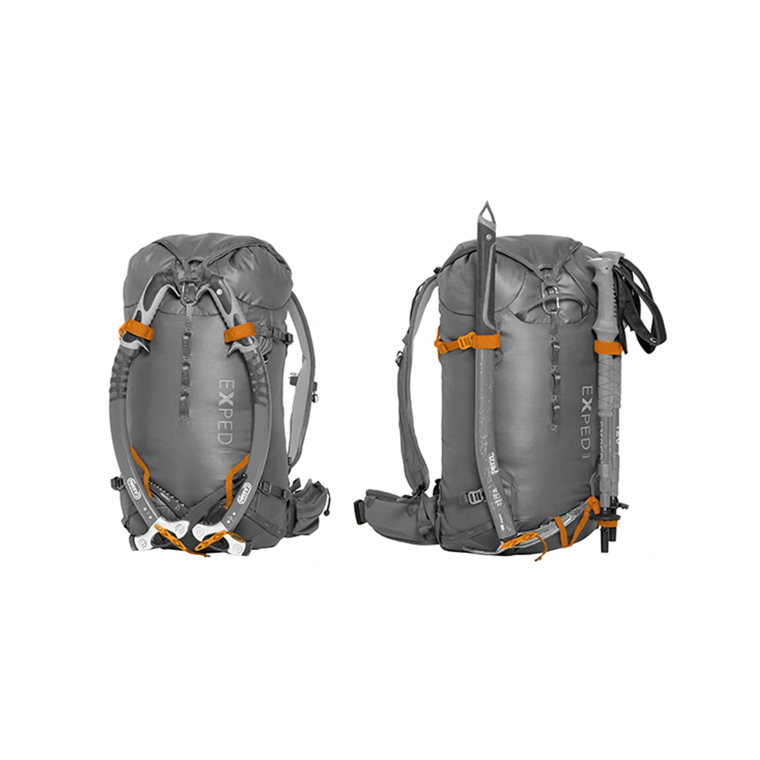 Zwei graue EXPED Rucksack Verglas 30 Rucksäcke mit orangefarbenen Gurten in Front- und Seitenansicht. In der Seitenansicht ist ein Eispickel befestigt, perfekt als Kletterrucksack für Bergtouren. Beide haben mehrere Verstellriemen und Schnallen.