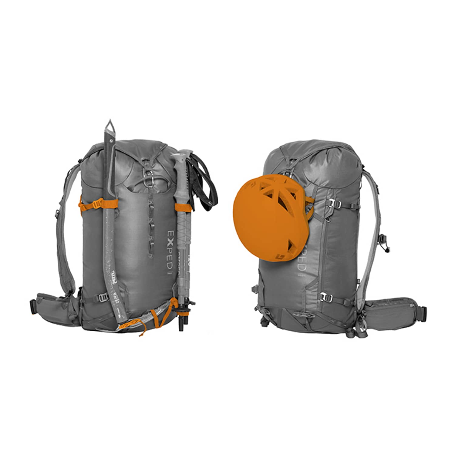 Zwei graue EXPED Verglas 30 Wanderrucksäcke: einer mit Eispickel und Trekkingstöcken, der andere mit einem orangefarbenen Helm. Ideal für Bergtouren und Abenteuer.