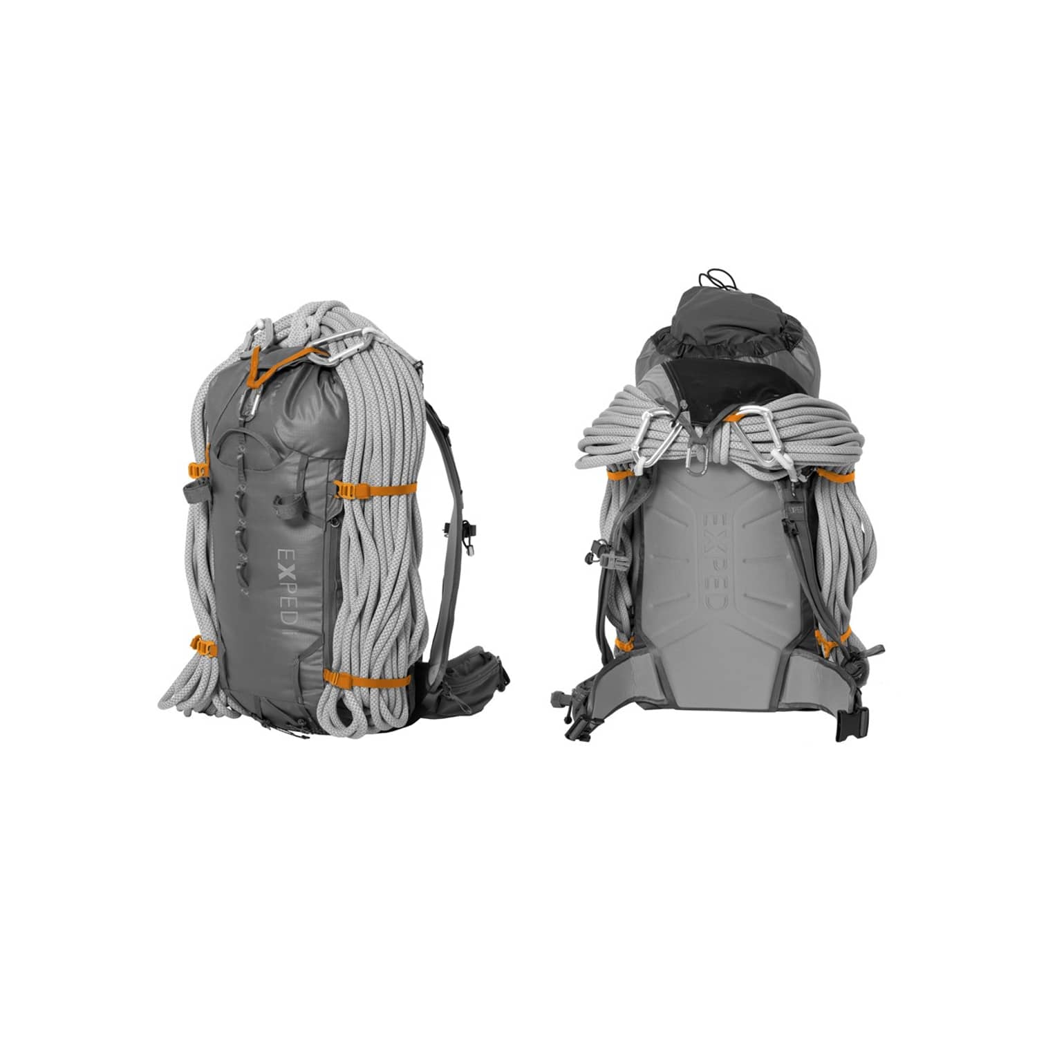Abgebildet sind zwei grau-schwarze EXPED Verglas 30 Rucksäcke mit aufgerollten Kletterseilen an der Oberseite und den Seiten. Mit verstellbaren Trägern und orangefarbenen Akzenten sind diese Rucksäcke ideal für Bergtouren, die von vorne und hinten gezeigt werden.