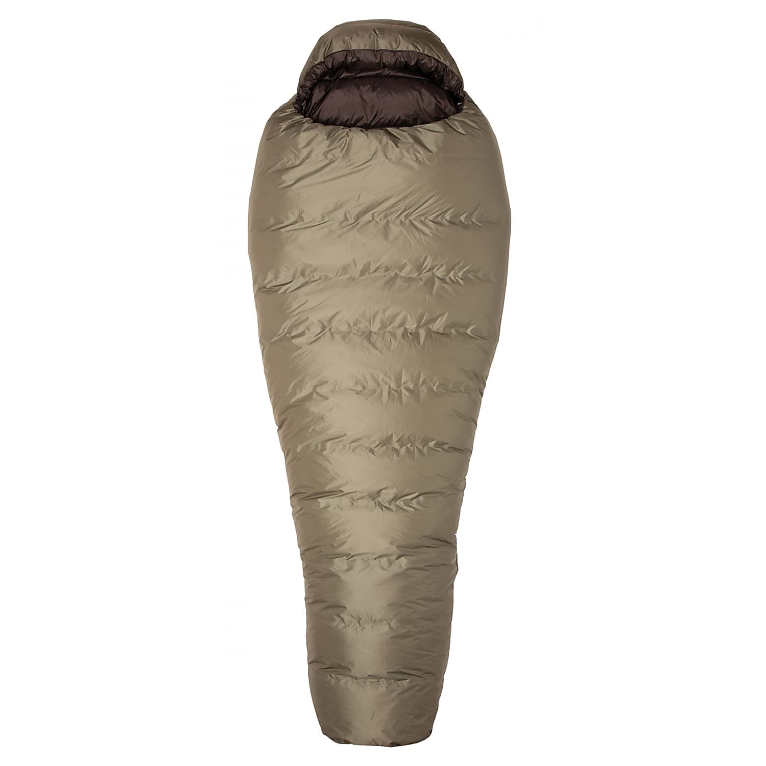 Ein olivgrauer, mumienartiger EXPED Schlafsack Waterbloc Pro -15° mit Kapuze, komplett mit Reißverschluss und flach auf weißem Hintergrund.