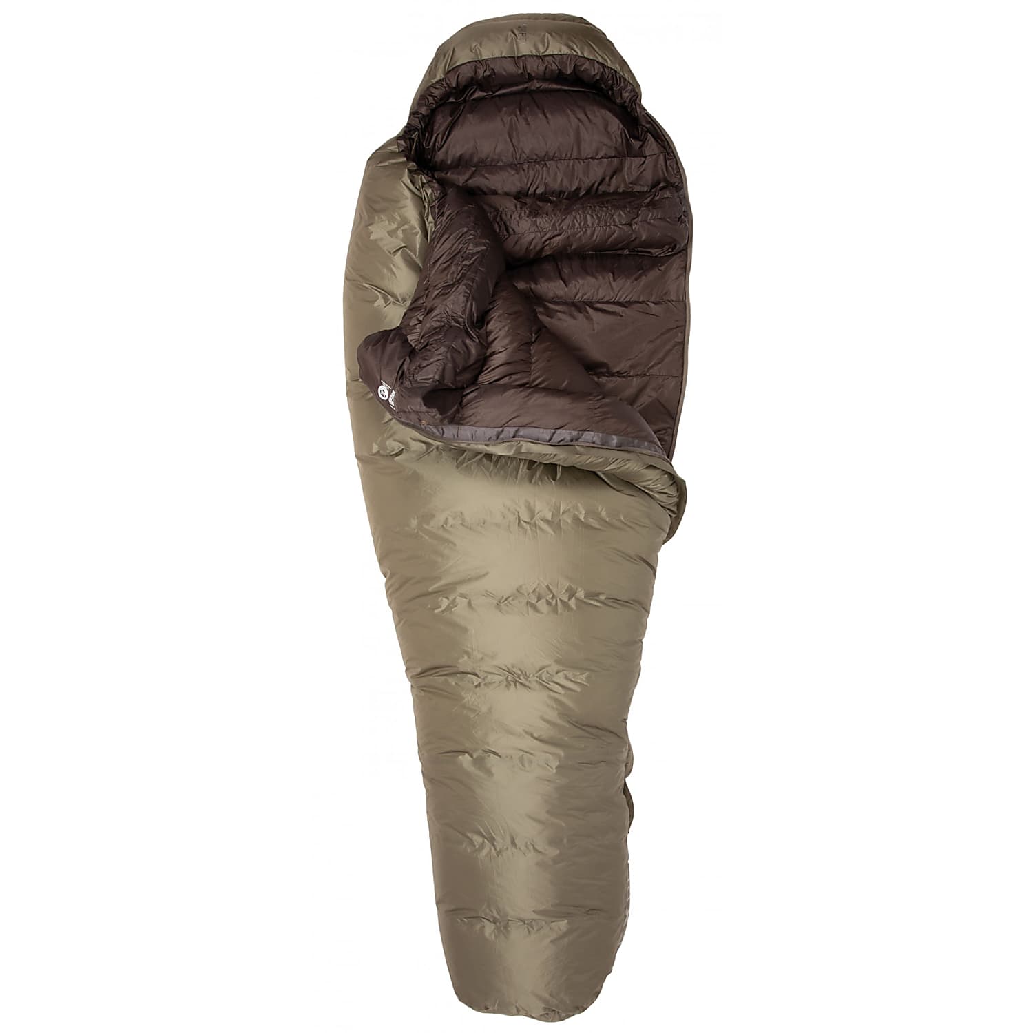 Ein olivgrauer, mumienartiger Exped Schlafsack Waterbloc Pro -15° von EXPED, dessen Reißverschluss teilweise geöffnet wurde, um die Kapuze und die isolierte Füllung freizulegen.