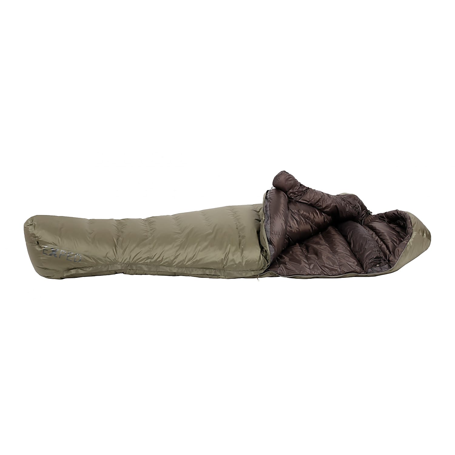 Ein EXPED Schlafsack Waterbloc Pro -15° in Olive Grey wird geöffnet und mit geöffnetem Reißverschluss gezeigt, wobei das isolierte Innere vor einem weißen Hintergrund zu sehen ist.