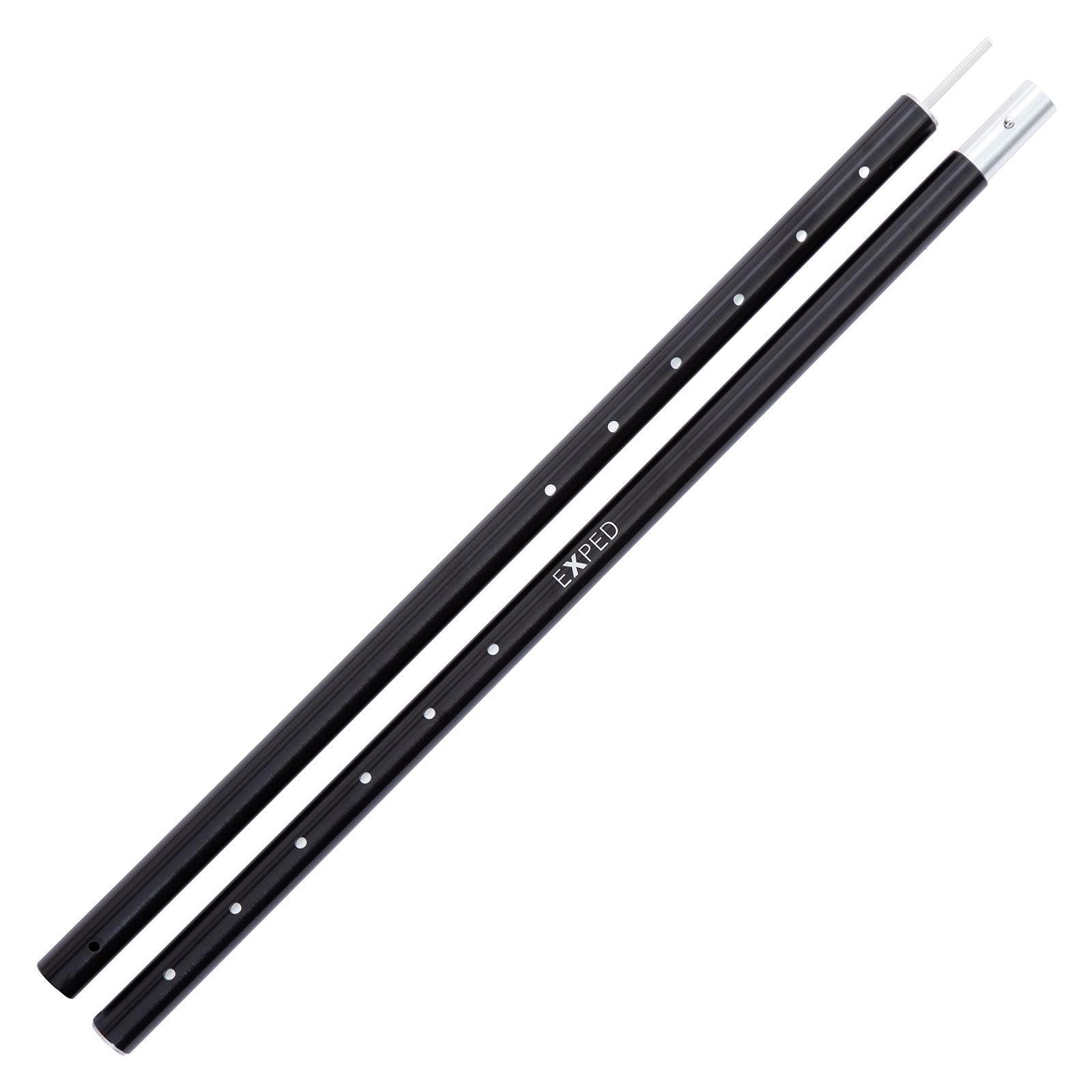 Zwei schwarze Metallstangen mit gleichmäßig verteilten Löchern liegen parallel zueinander. Eine davon ist die EXPED Tarp Pole 240 - eine verstellbare Stange mit silbernem Ende, weißer Kordel und auffälligem EXPED-Branding, die sich perfekt als vielseitige Tarpstütze eignet.