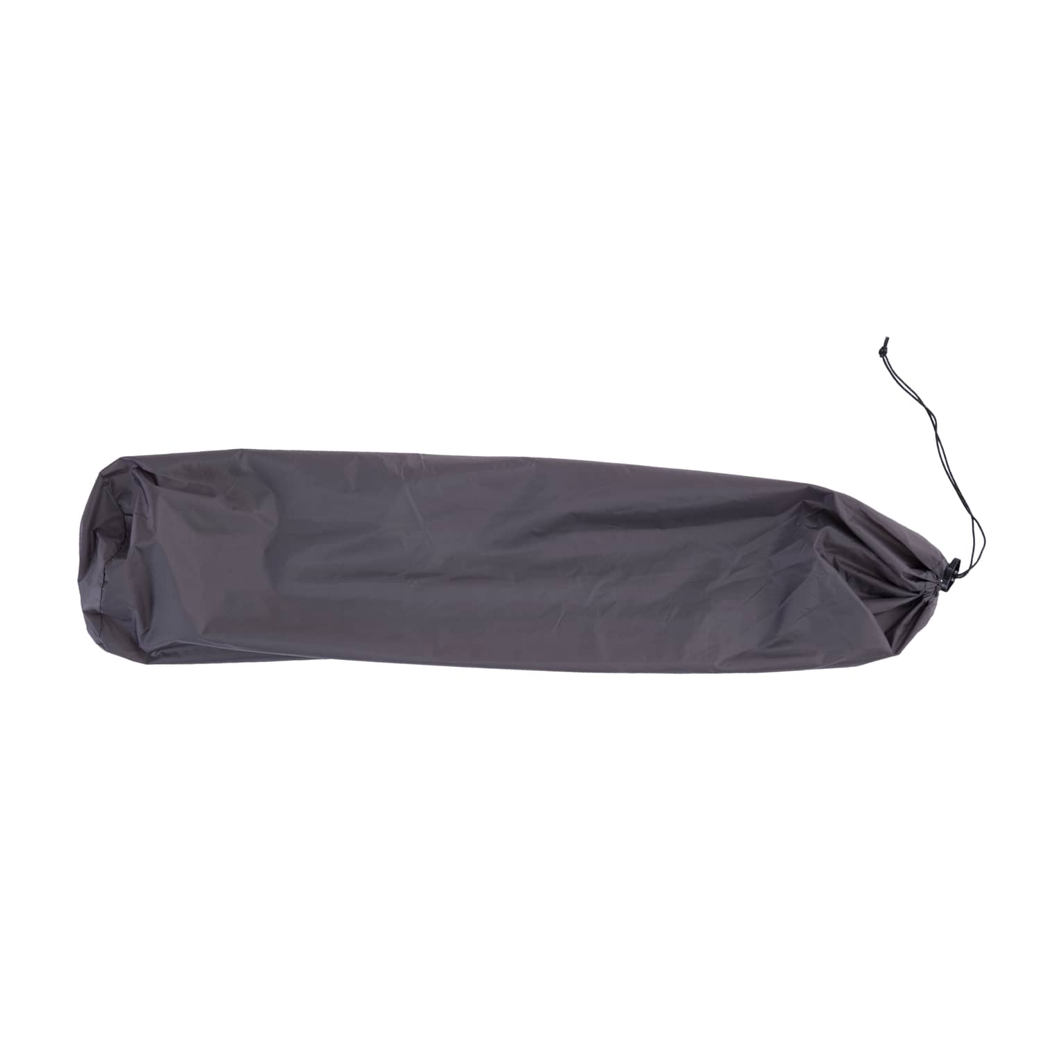 Ein langer, zylindrischer, dunkelgrauer Stoffbeutel mit Kordelzugverschluss - perfekt für die Aufbewahrung des EXPED Tarp Pole 240 - liegt flach auf einem weißen Hintergrund.