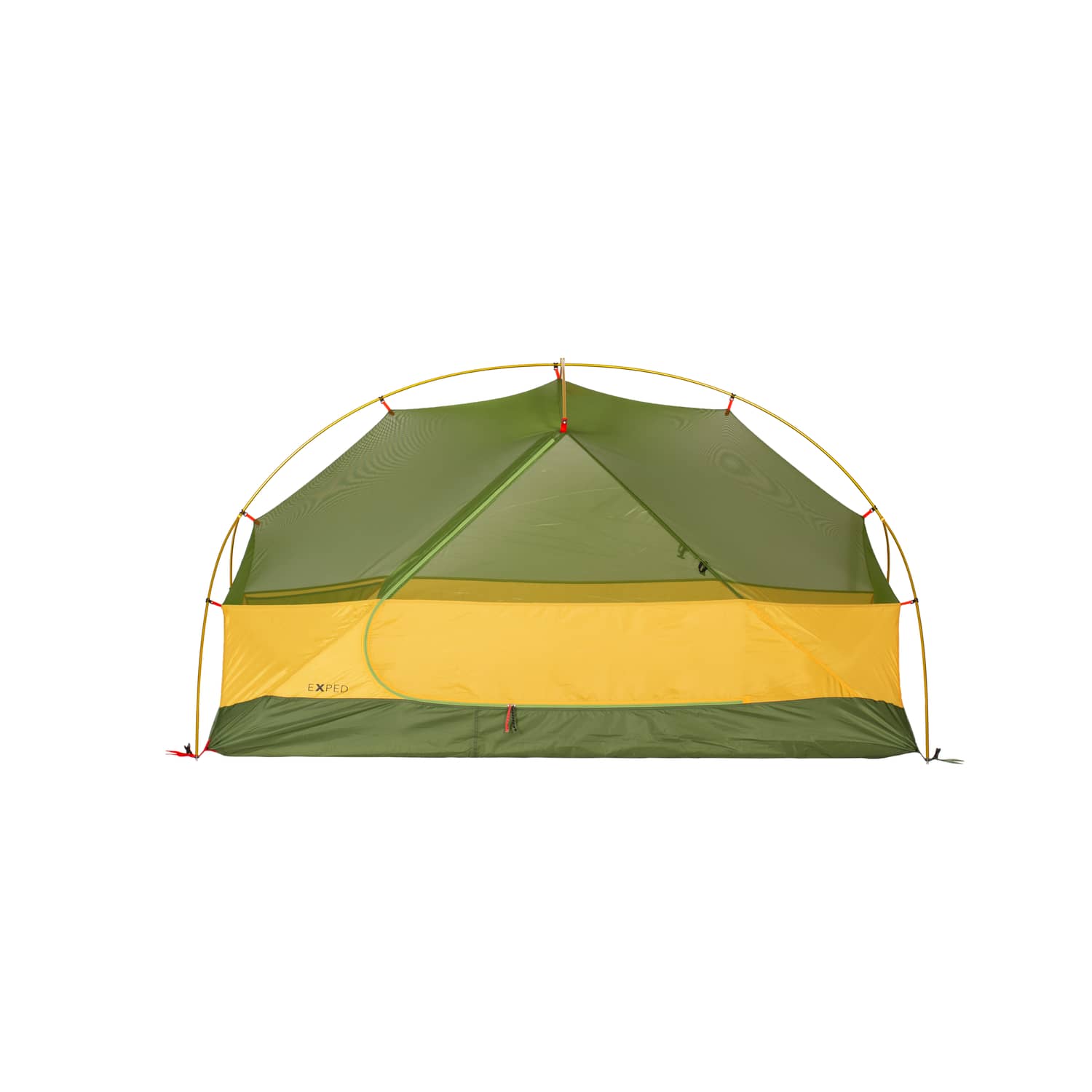 Ein grün-gelbes, kuppelförmiges EXPED Lyra II Extreme-Zelt mit Mesh-Fenster und roten Clips an den Stangen, aufgebaut auf weißem Grund - ein perfektes 3-Saison-Zelt für Rucksackreisen.