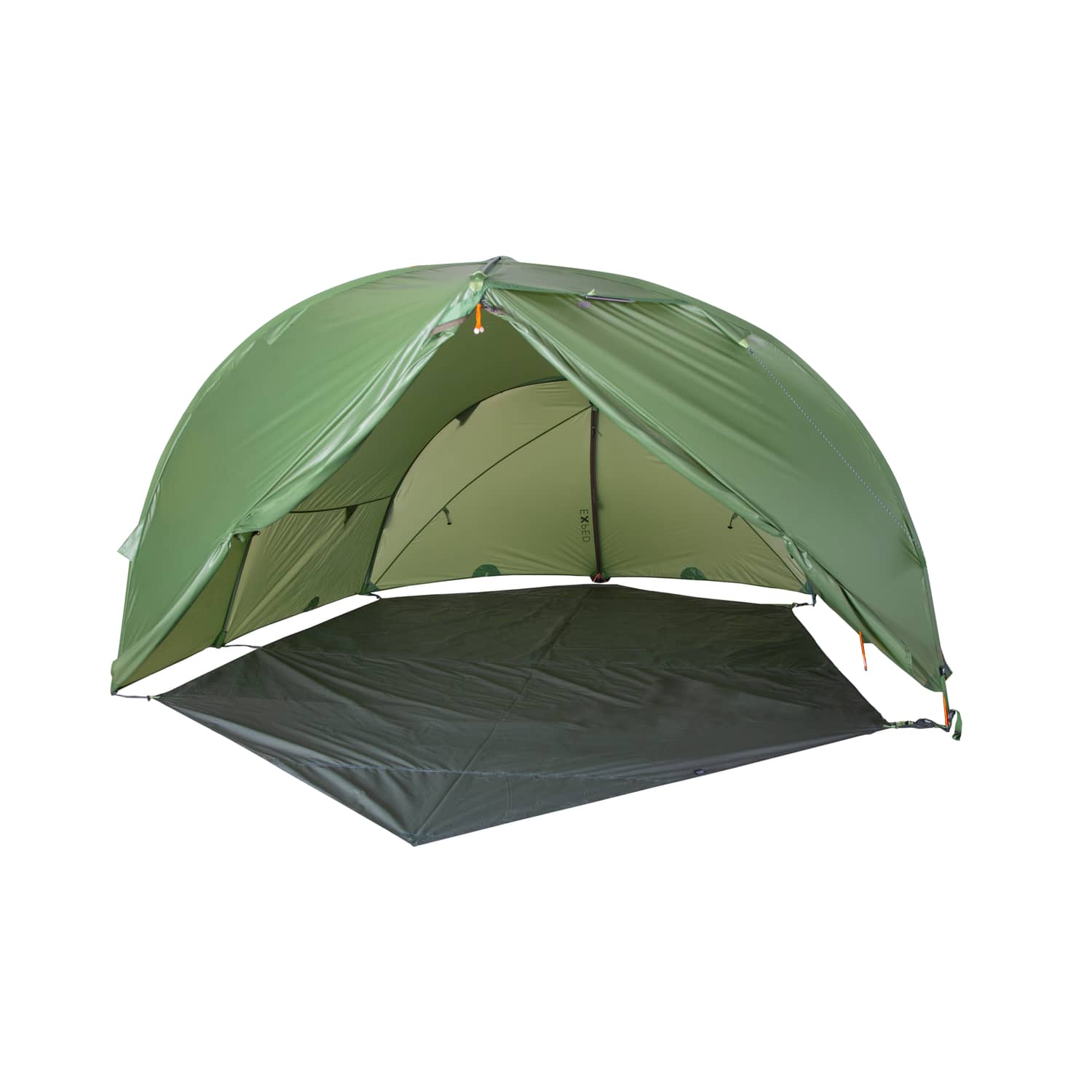 Ein EXPED Zelt Venus III DLX Extreme, ein grünes 2-Personen-Outdoor-Campingzelt mit offener Vorderseite und ohne Boden, wird auf einer grauen Zeltunterlage vor weißem Hintergrund aufgestellt.